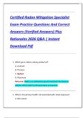 Certified Radon Mitigation Specialist  Exam Practice Questions And Correct  Answers &lpar;Verified Answers&rpar; Plus  Rationales 2026 Q&A &vert; Instant  Download Pdf