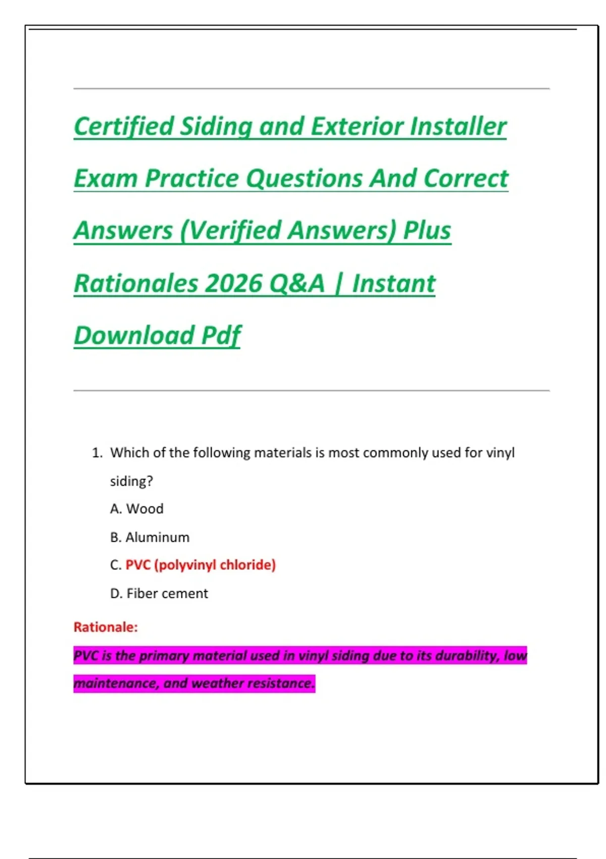 Siding Worksheet.pdf Certified Siding and Exterior Installer Exam Practice Questions And ...