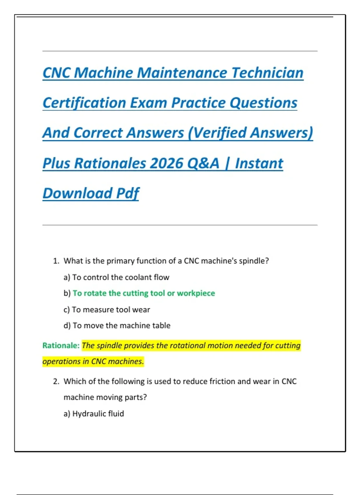 CNC Machine Maintenance Technician Certification Exam Practice ...