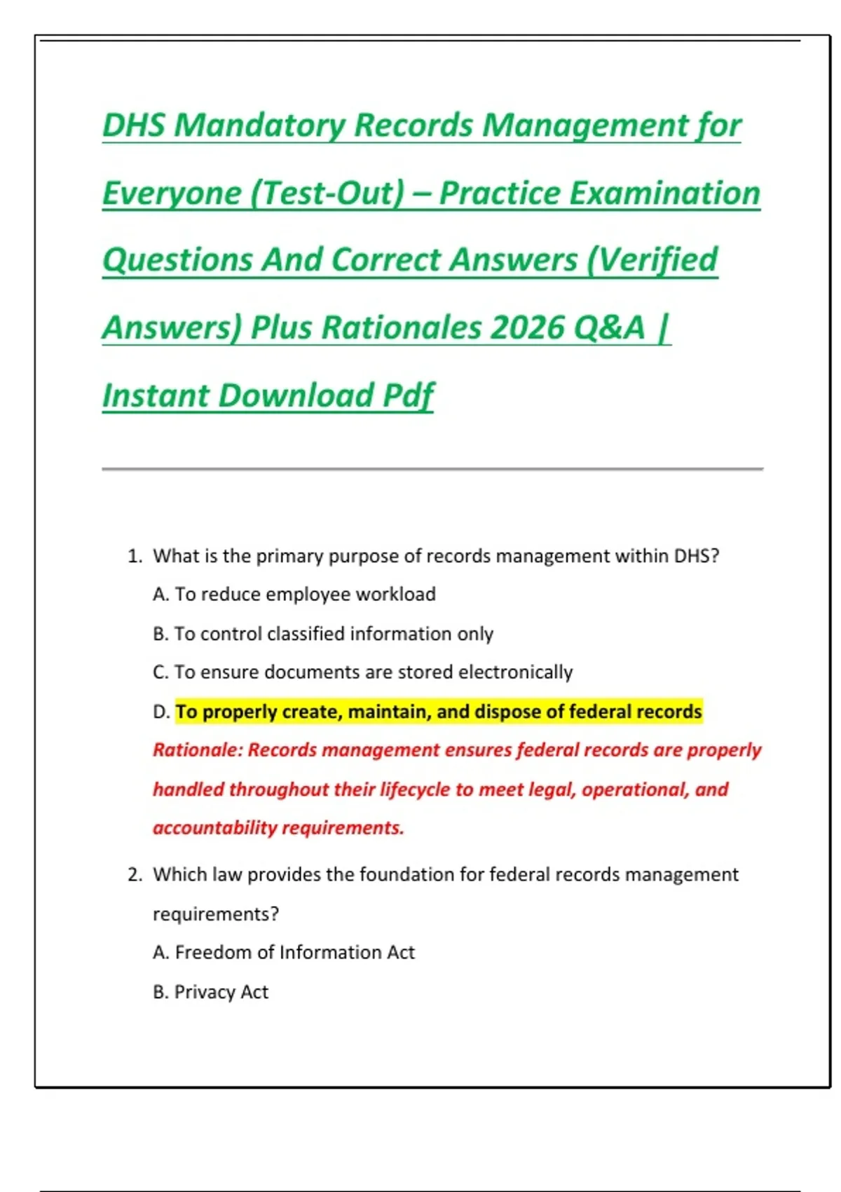 DHS Mandatory Records Management for Everyone (Test-Out) – Practice ...