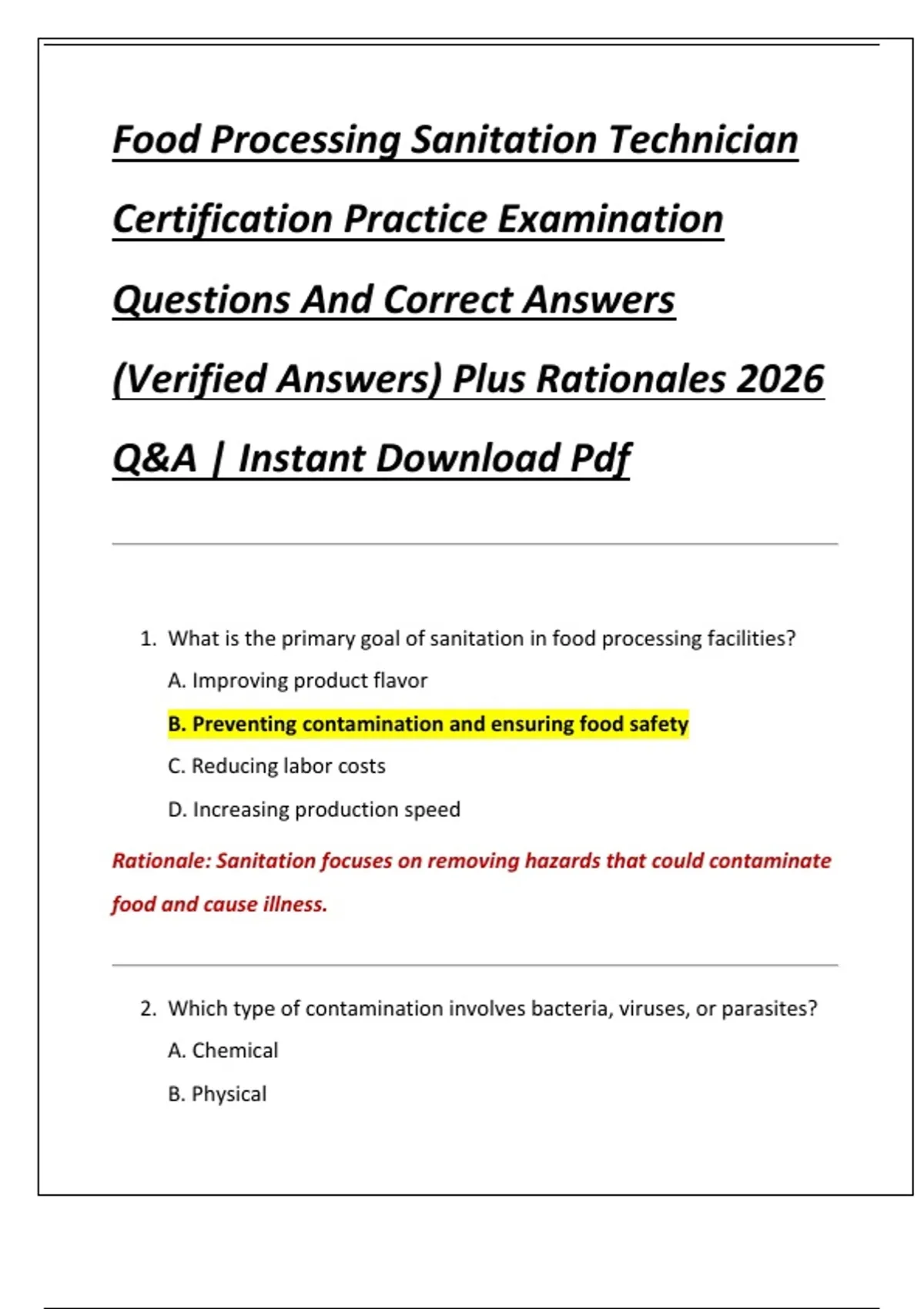 Foodtech Course Quiz Food Processing Sanitation Technician Certification Practice ...