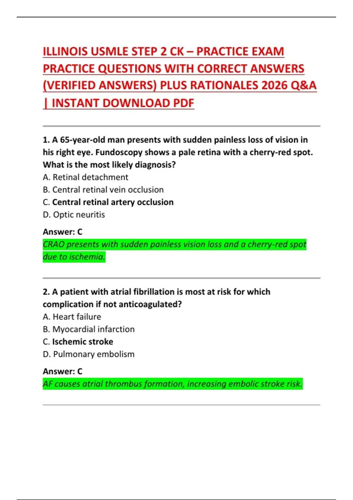 ILLINOIS USMLE STEP 2 CK – PRACTICE EXAM PRACTICE QUESTIONS WITH ...
