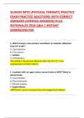ILLINOIS NPTE &lpar;PHYSICAL THERAPY&rpar; PRACTICE  EXAM PRACTICE QUESTIONS WITH CORRECT  ANSWERS &lpar;VERIFIED ANSWERS&rpar; PLUS  RATIONALES 2026 Q&A &vert; INSTANT  DOWNLOAD PDF