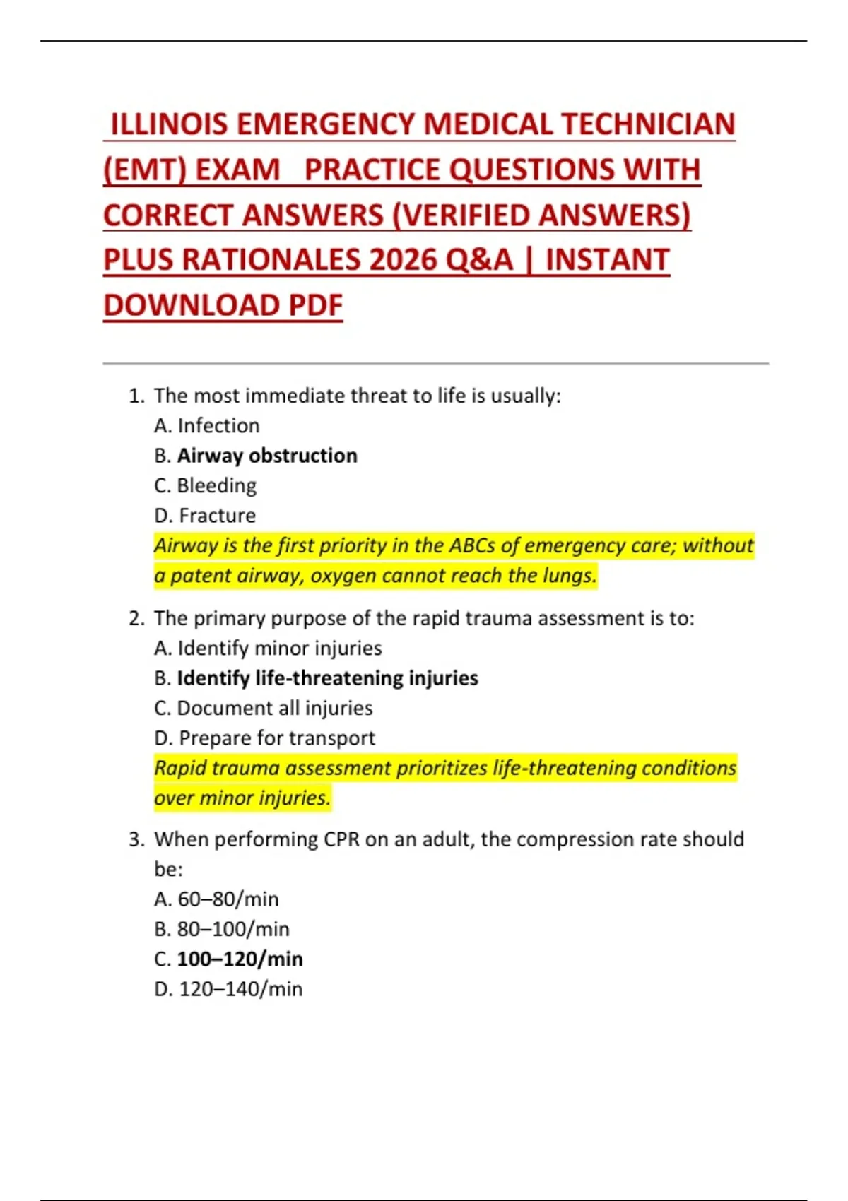 ILLINOIS EMERGENCY MEDICAL TECHNICIAN (EMT) EXAM PRACTICE QUESTIONS ...