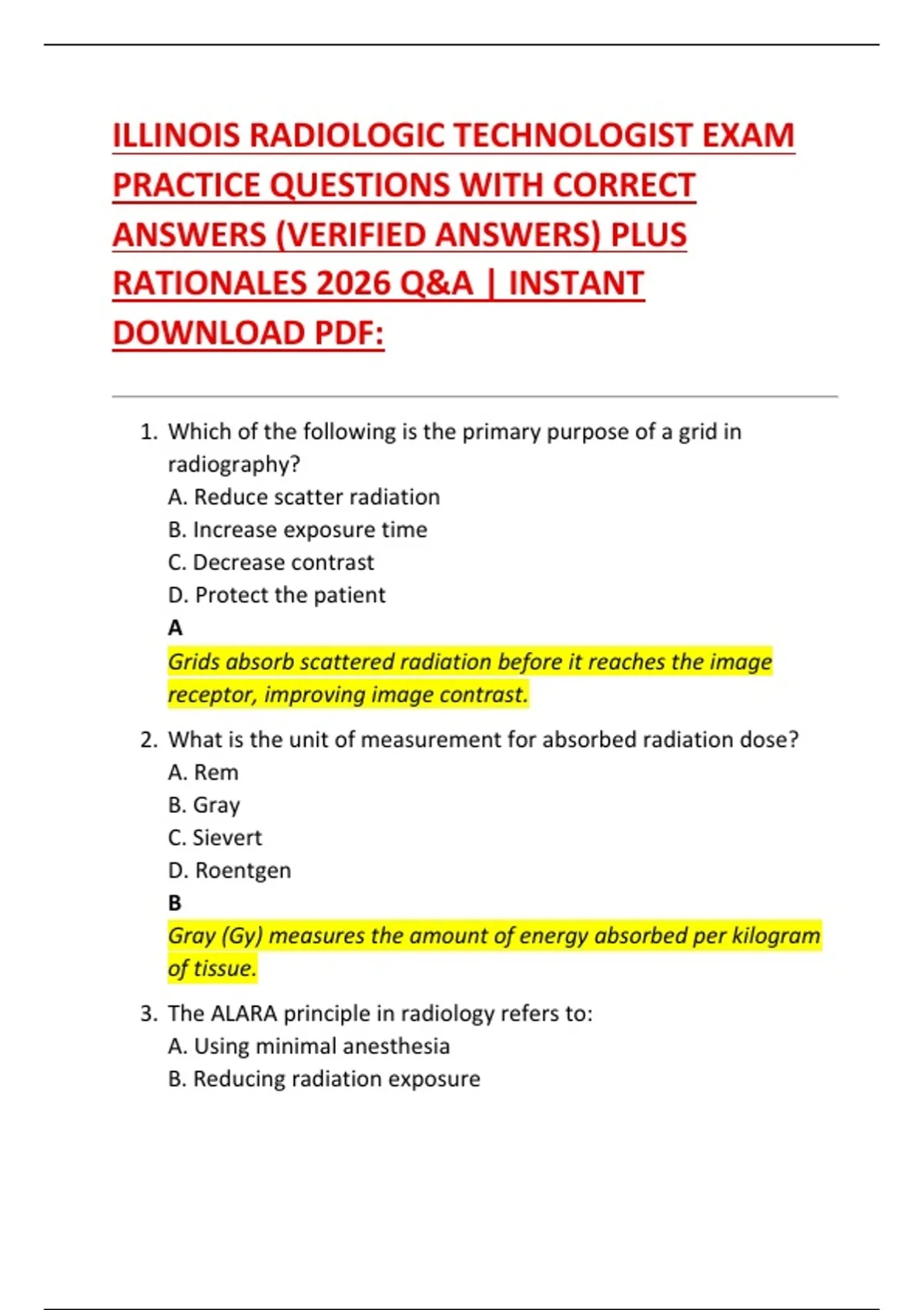 Radiologic Technologist Notes.pdf ILLINOIS RADIOLOGIC TECHNOLOGIST EXAM PRACTICE QUESTIONS WITH CORRECT ...