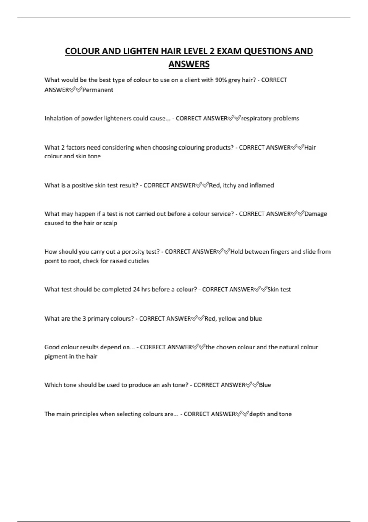 COLOUR AND LIGHTEN HAIR LEVEL 2 EXAM QUESTIONS AND ANSWERS - COLOUR AND ...