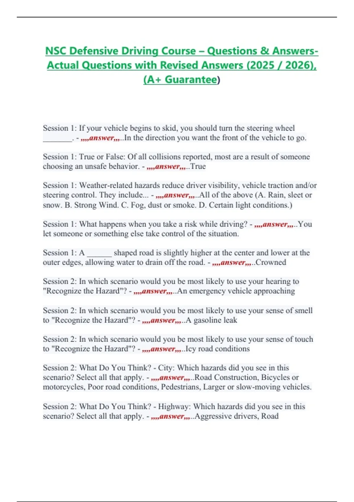 NSC Defensive Driving Course – Questions & Answers Actual Questions ...