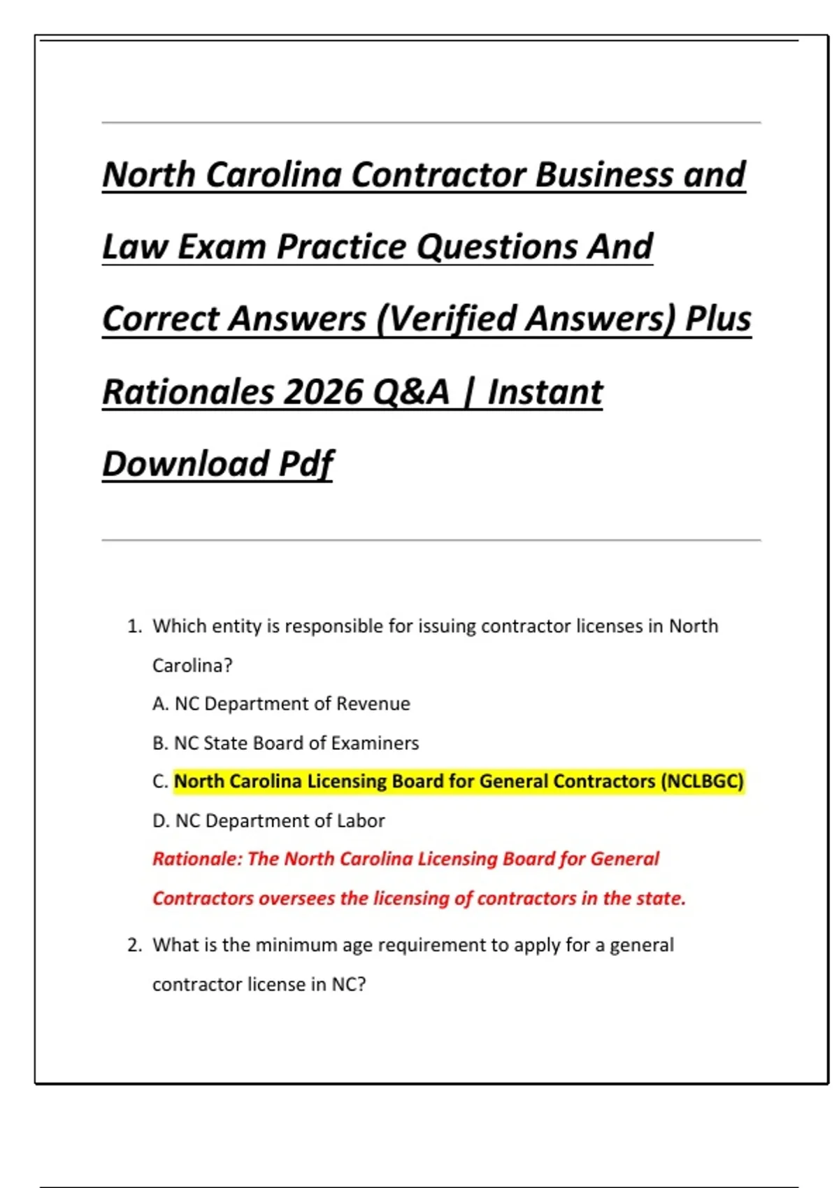 North Carolina Contractor Business and Law Exam Practice Questions And ...