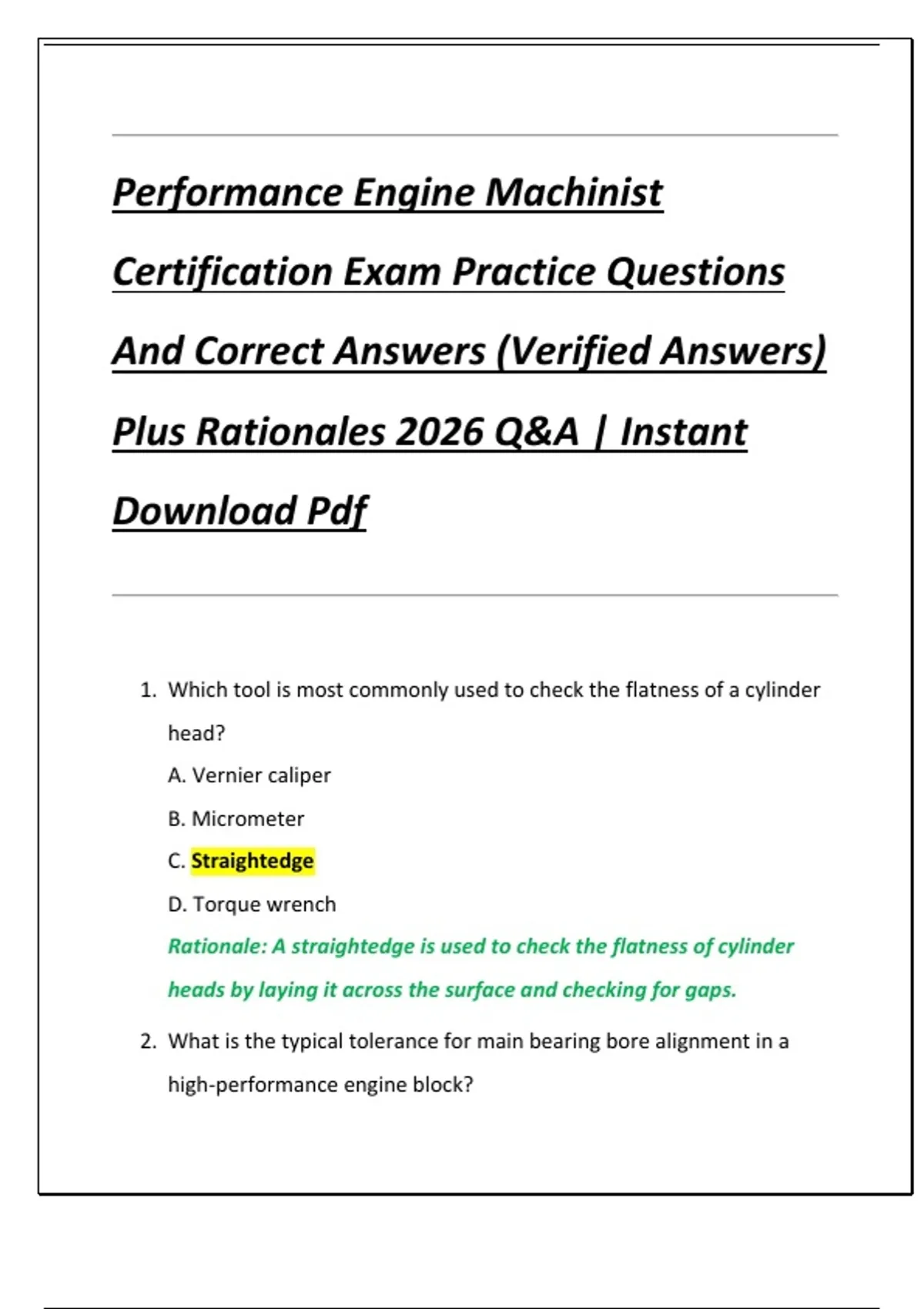 Performance Engine Machinist Certification Exam Practice Questions And ...