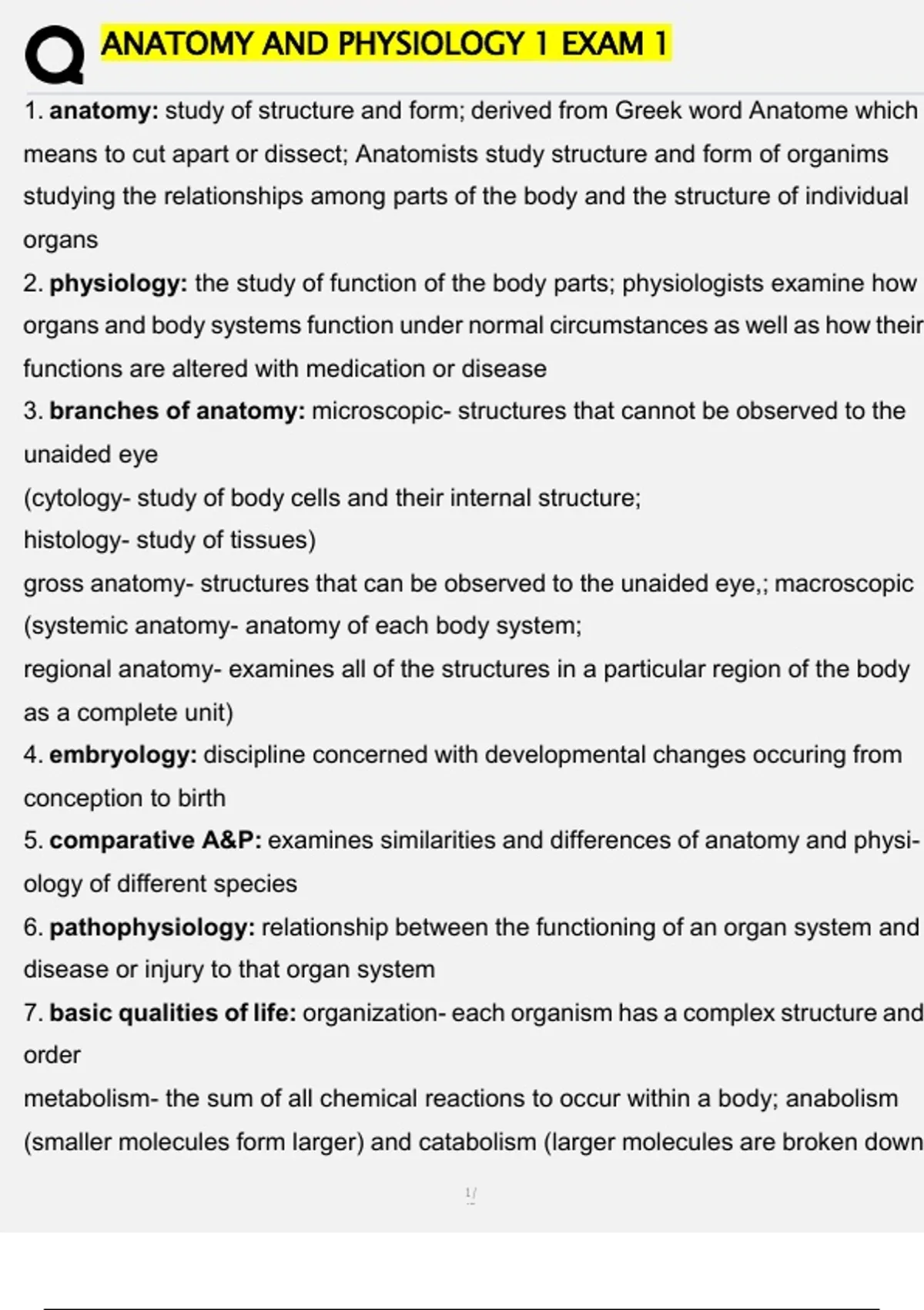 Anatomy and Physiology 1 Exam 1 Study Guide – 115 Key Terms & Concepts ...