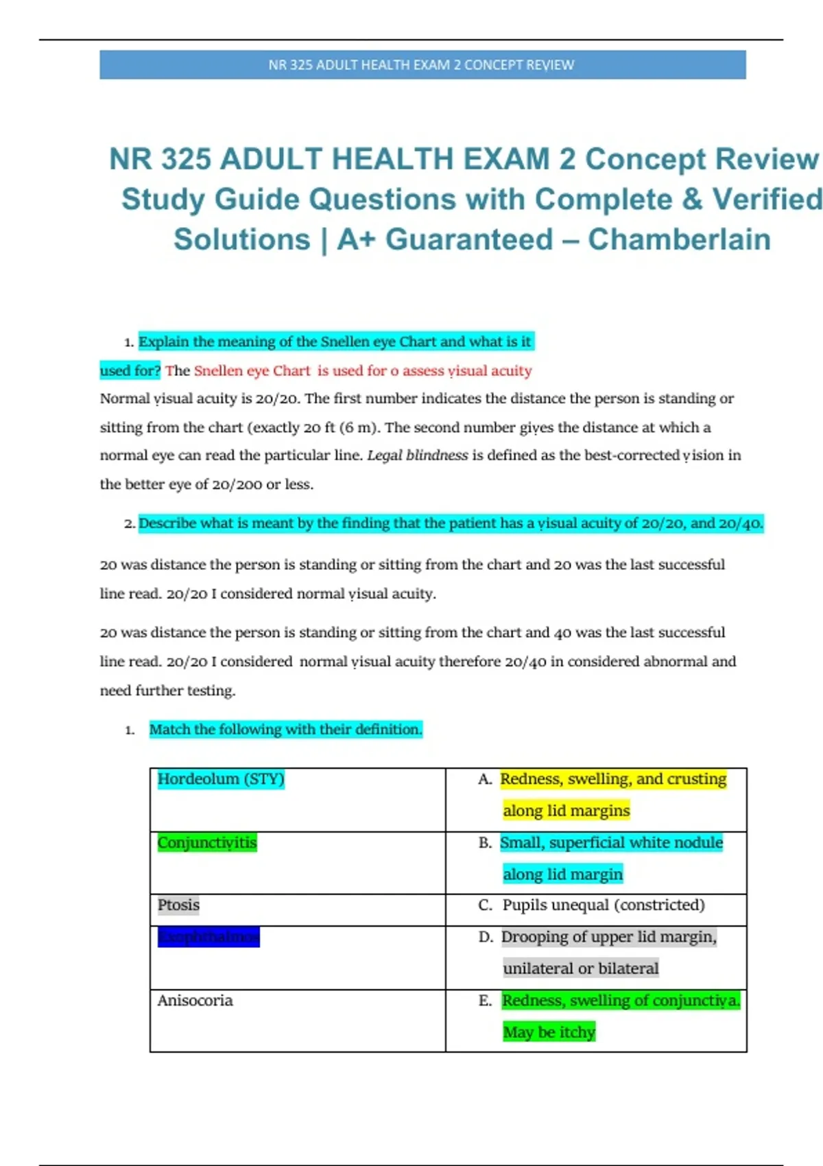 NR 325 Adult Health Exam 2 Concept Review – Chamberlain – 2026/2027 ...