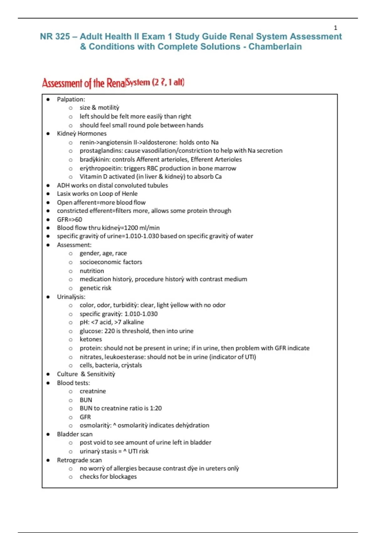 NR 325 Adult Health II Exam 1 Study Guide – Renal System Assessment ...
