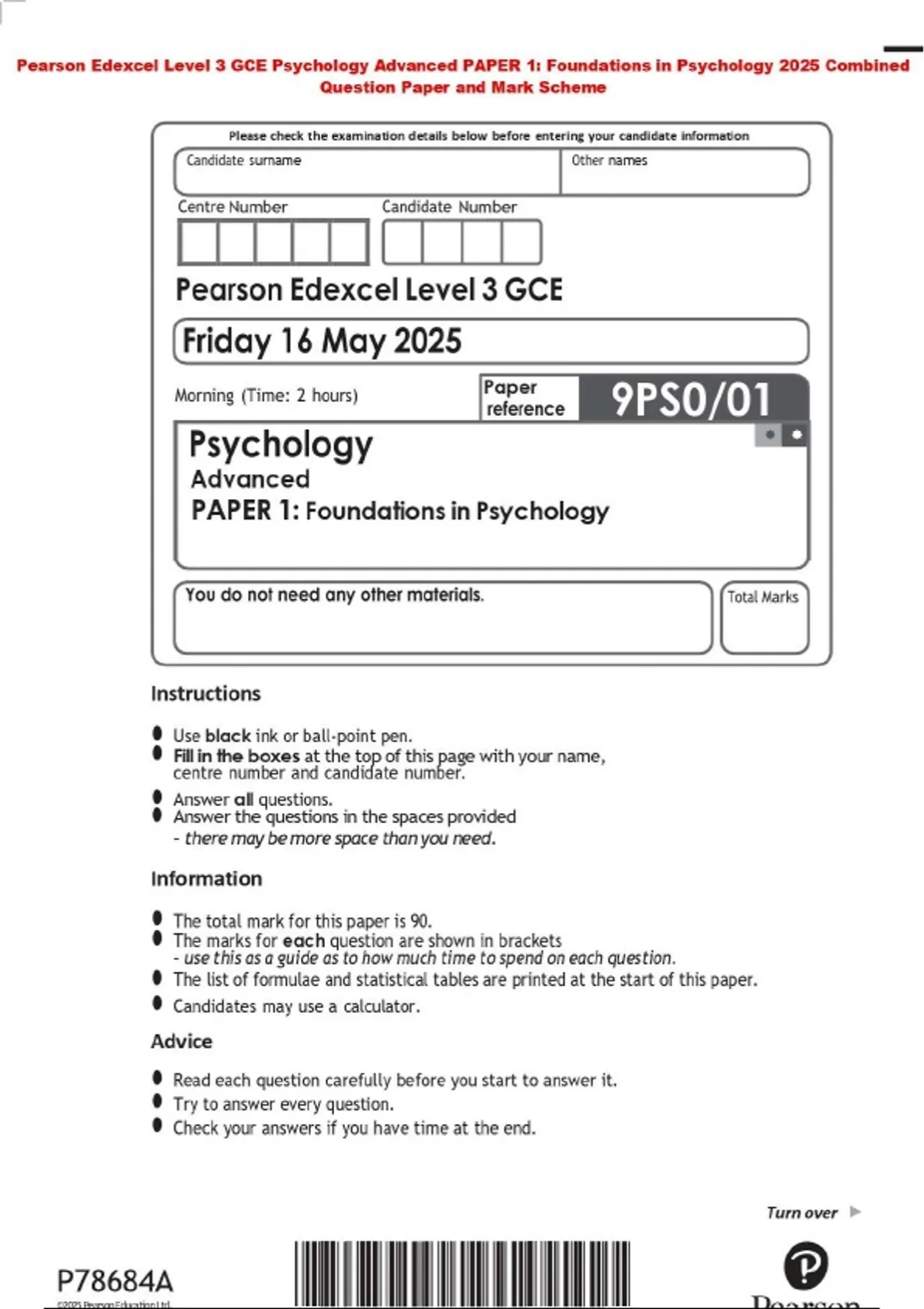 Pearson Edexcel Level 3 GCE Psychology Advanced PAPER 1: Foundations in ...