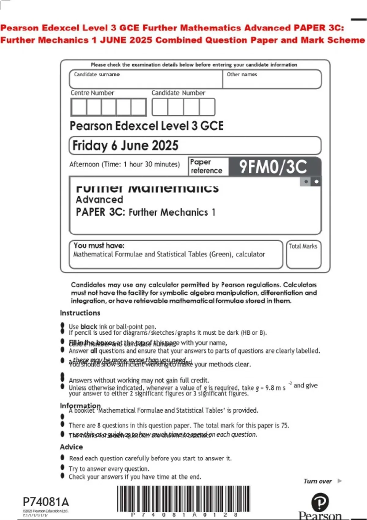 Pearson Edexcel Level 3 GCE Further Mathematics Advanced PAPER 3C ...