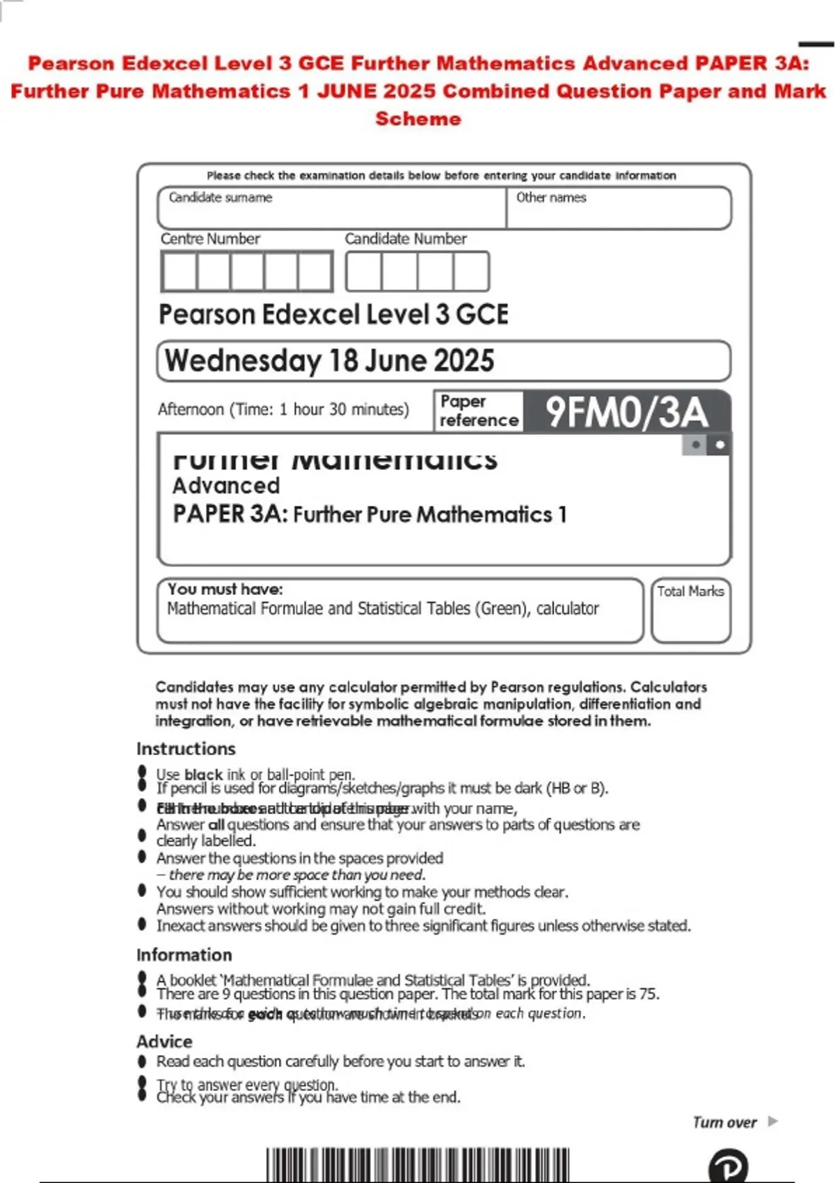 Pearson Edexcel Level 3 GCE Further Mathematics Advanced PAPER 3A ...