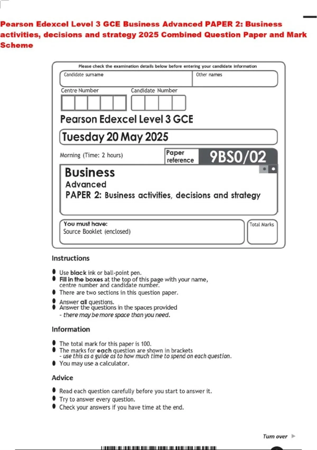 Pearson Edexcel Level 3 GCE Business Advanced PAPER 2: Business ...
