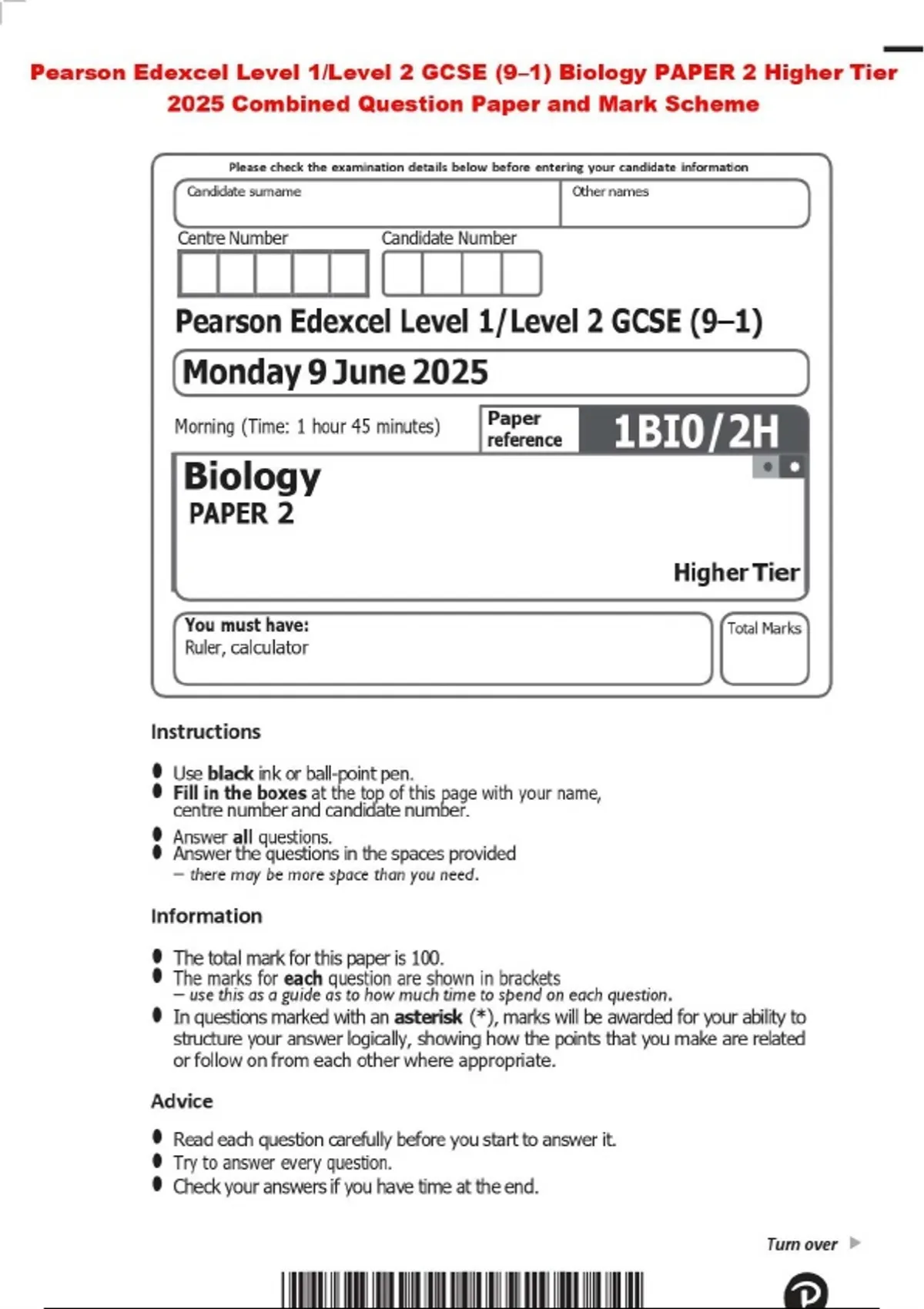 Pearson Edexcel Level 1/Level 2 GCSE (9–1) Biology PAPER 2 Higher Tier ...