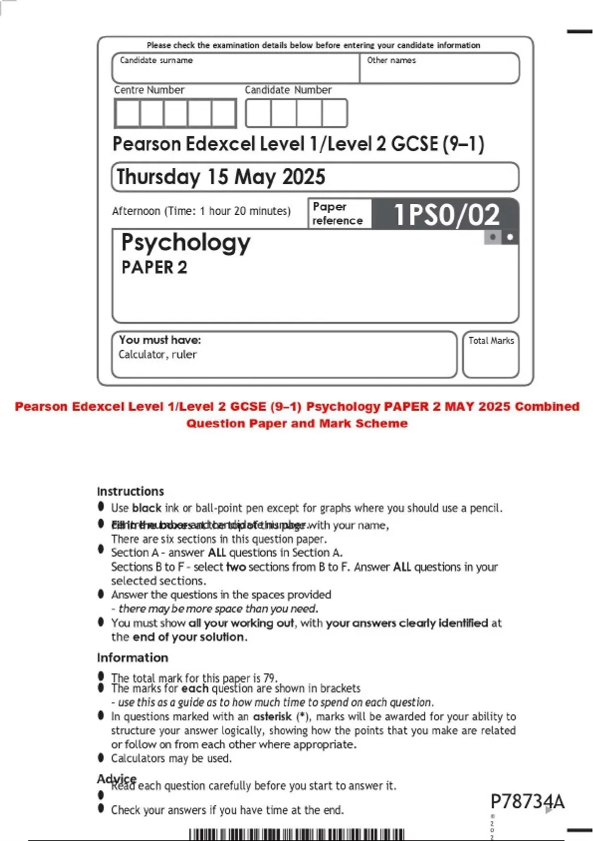 Pearson Edexcel Level 1/Level 2 GCSE (9–1) Psychology PAPER 2 MAY 2025 ...