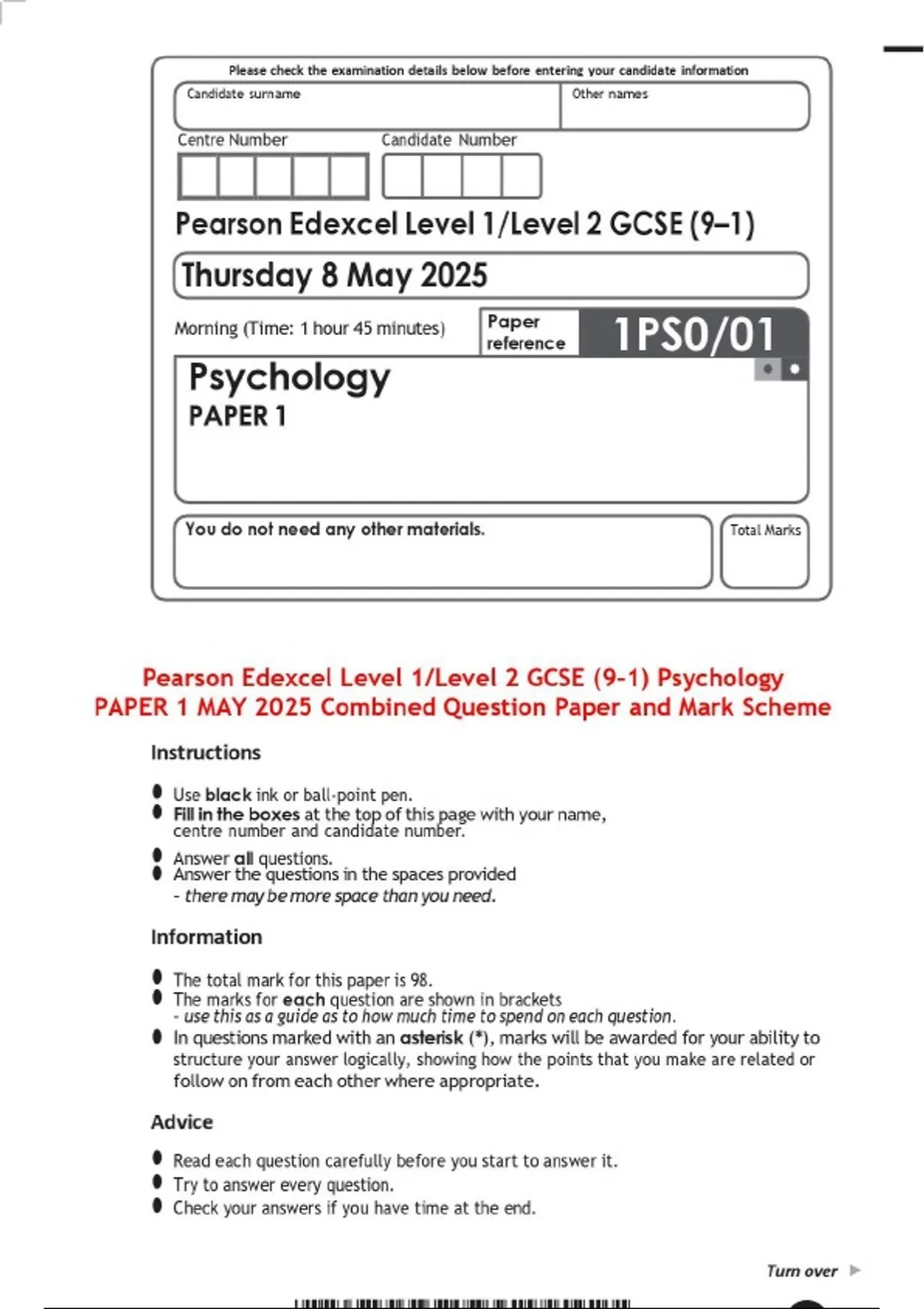 Pearson Edexcel Level 1/Level 2 GCSE (9–1) Psychology PAPER 1 MAY 2025 ...
