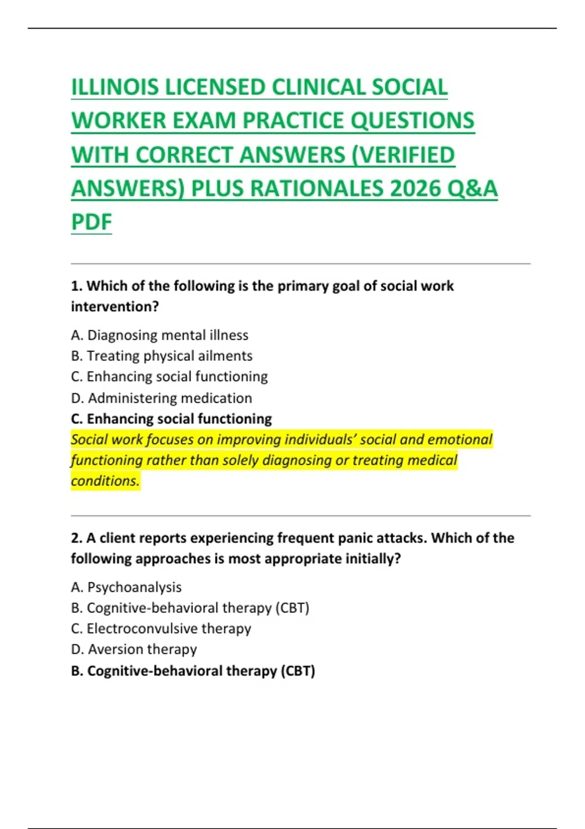 ILLINOIS LICENSED CLINICAL SOCIAL WORKER EXAM PRACTICE QUESTIONS WITH CORRECT ANSWERS (VERIFIED ...