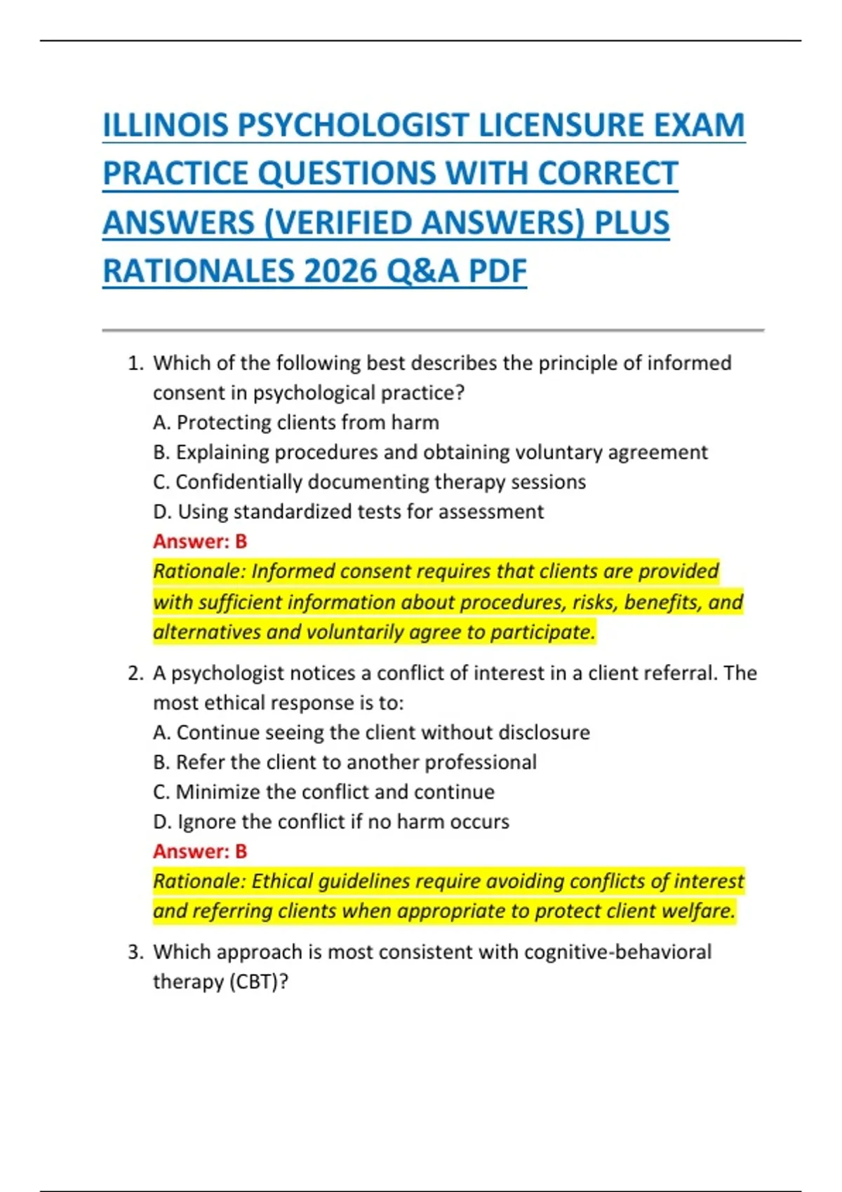 ILLINOIS PSYCHOLOGIST LICENSURE EXAM PRACTICE QUESTIONS WITH CORRECT ...