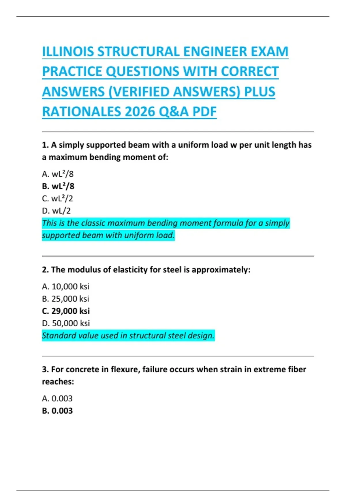 ILLINOIS STRUCTURAL ENGINEER EXAM PRACTICE QUESTIONS WITH CORRECT ...