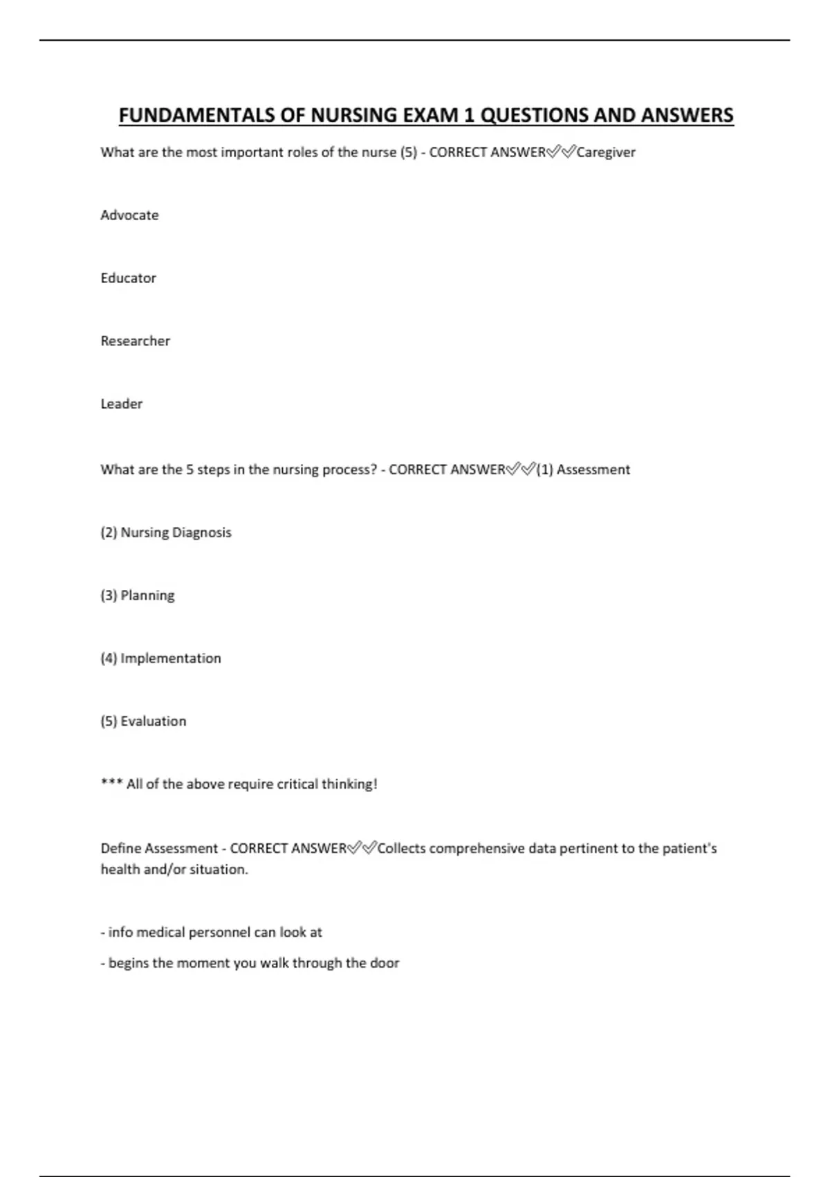 FUNDAMENTALS OF NURSING EXAM 1 QUESTIONS AND ANSWERS - FUNDAMENTALS OF ...
