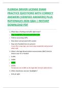 FLORIDA DRIVER LICENSE EXAM   PRACTICE QUESTIONS WITH CORRECT  ANSWERS &lpar;VERIFIED ANSWERS&rpar; PLUS  RATIONALES 2026 Q&A &vert; INSTANT  DOWNLOAD PDF