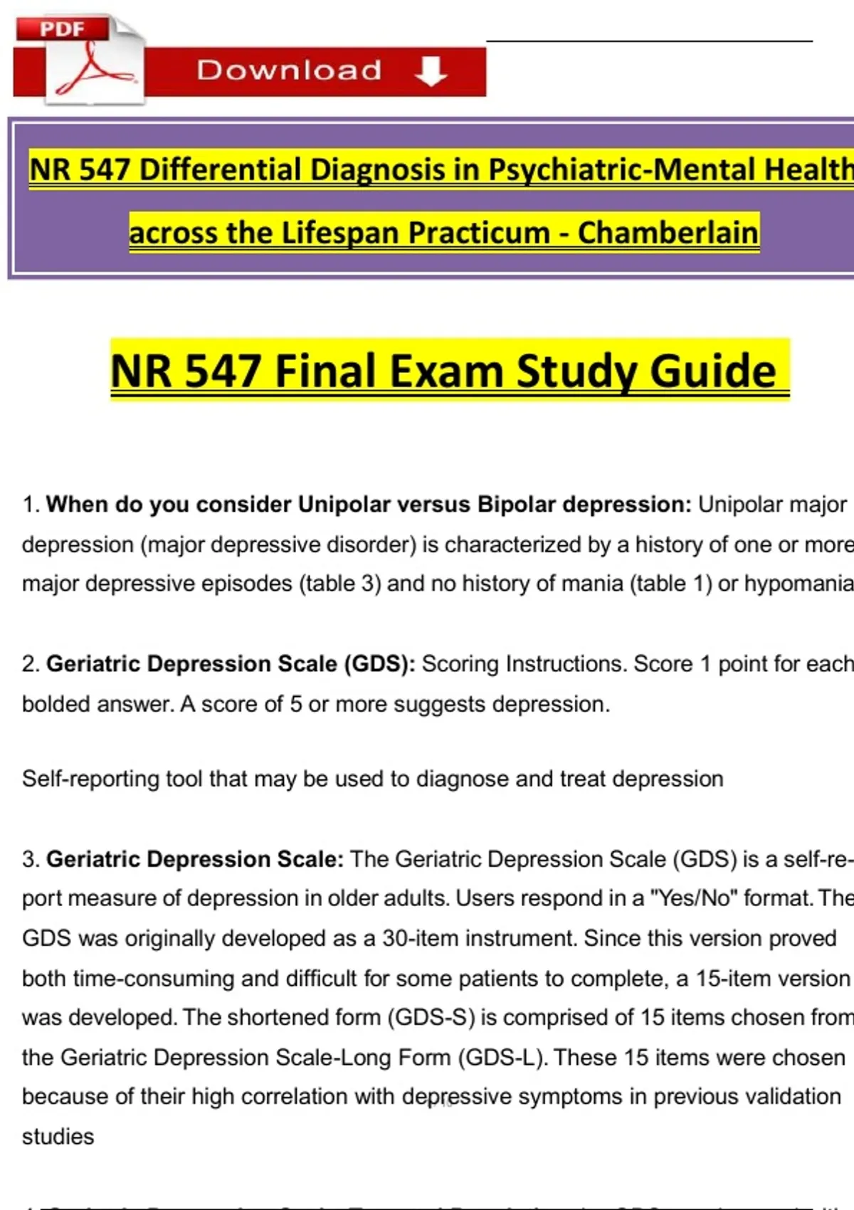 NR 547 Differential Diagnosis in Psychiatric-Mental Health across the ...
