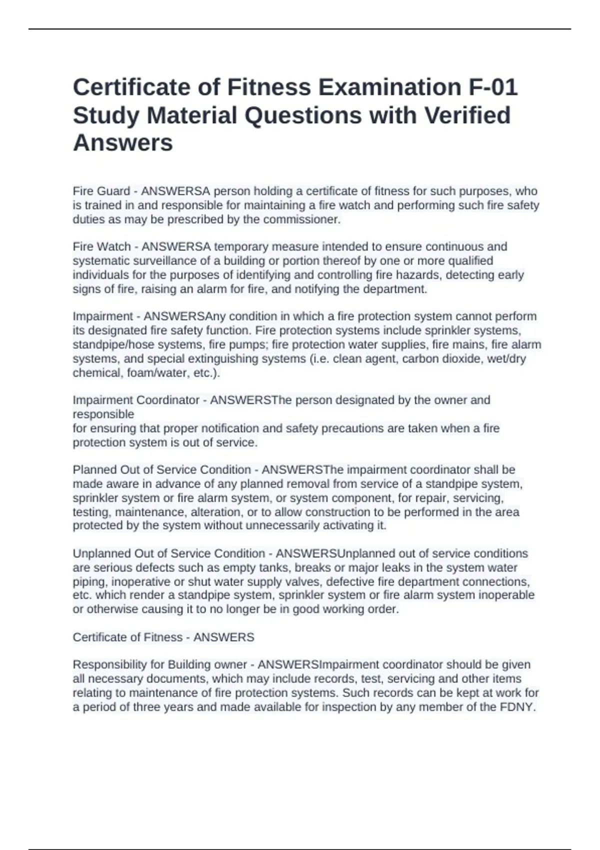 Certificate of Fitness Examination F-01 Study Material Questions with Verified Answers ...