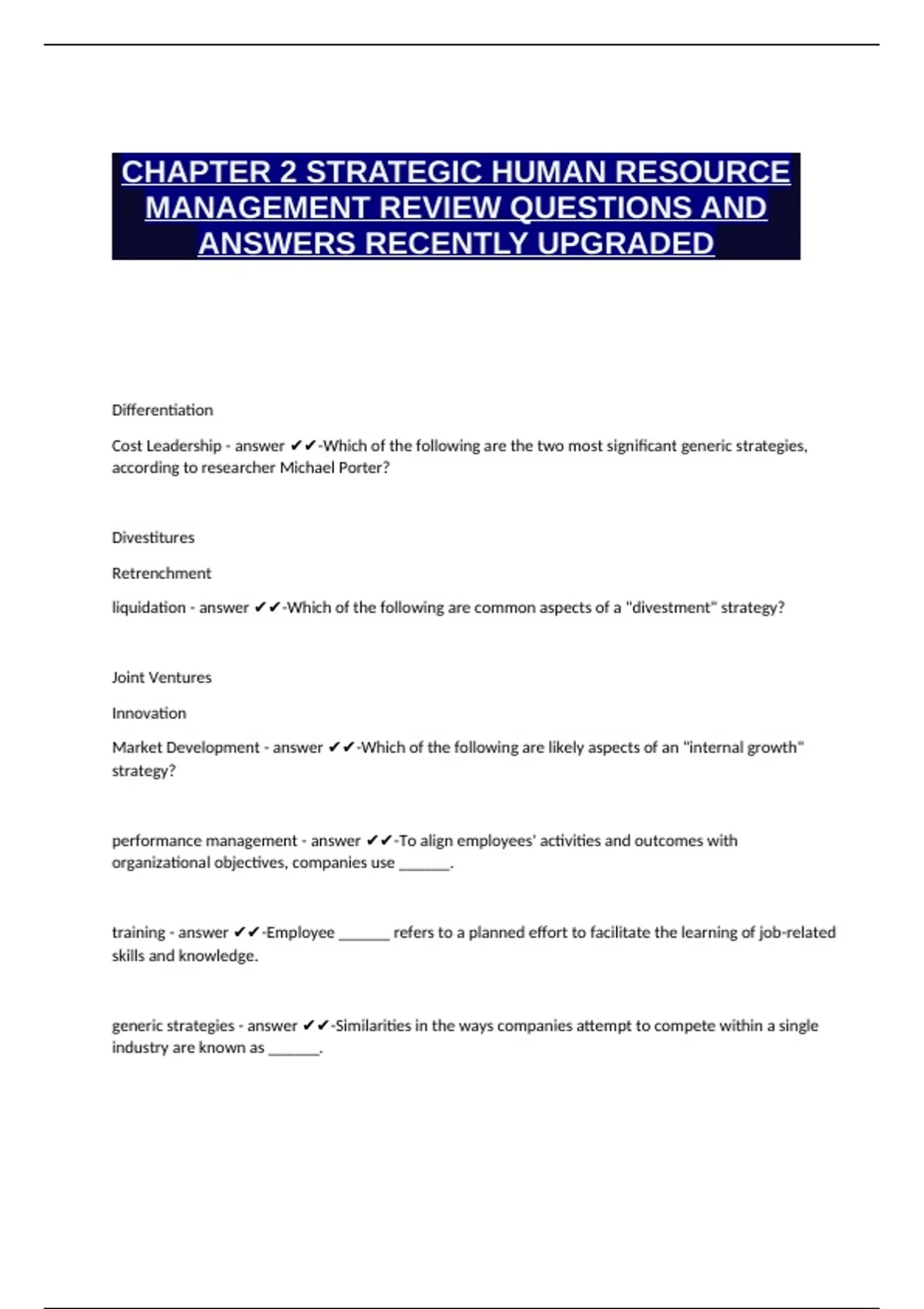 CHAPTER 2 STRATEGIC HUMAN RESOURCE MANAGEMENT REVIEW QUESTIONS AND ANSWERS RECENTLY UPDATED ...
