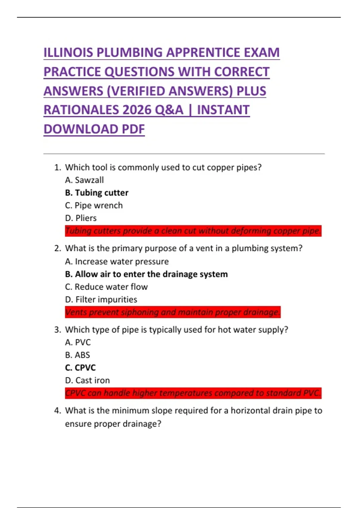 ILLINOIS PLUMBING APPRENTICE EXAM PRACTICE QUESTIONS WITH CORRECT ...
