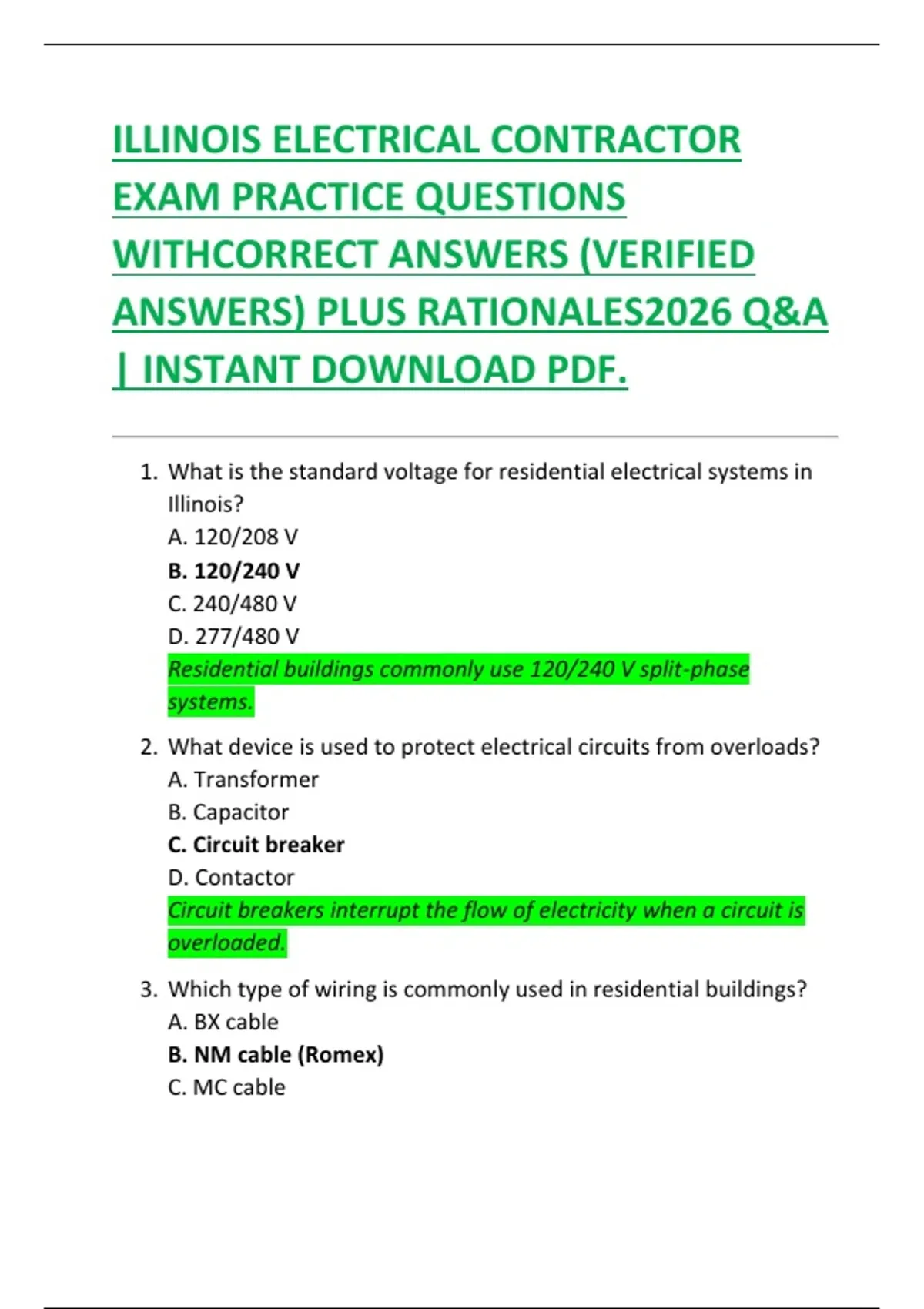 ILLINOIS ELECTRICAL CONTRACTOR EXAM PRACTICE QUESTIONS WITHCORRECT ANSWERS (VERIFIED ANSWERS ...