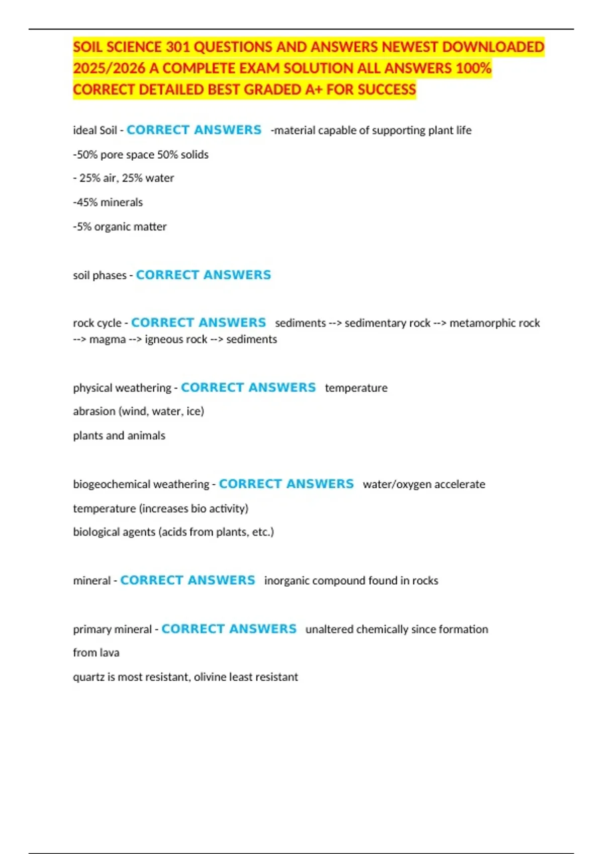 Soil Sample Questions SOIL SCIENCE 301 QUESTIONS AND ANSWERS NEWEST DOWNLOADED 2025/2026 A ...