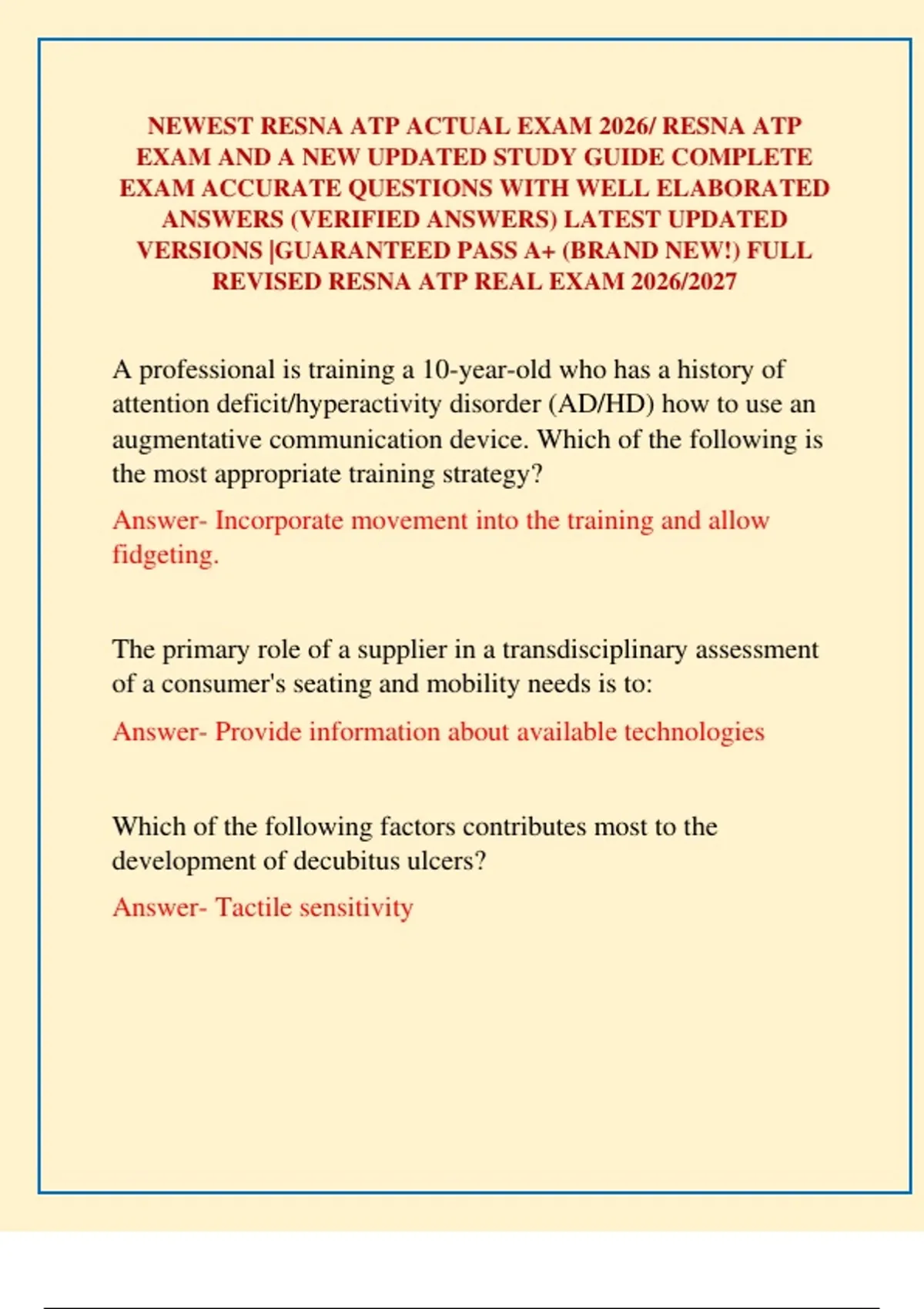 Resna Paper NEWEST RESNA ATP ACTUAL EXAM 2026/ RESNA ATP EXAM AND A NEW UPDATED ...