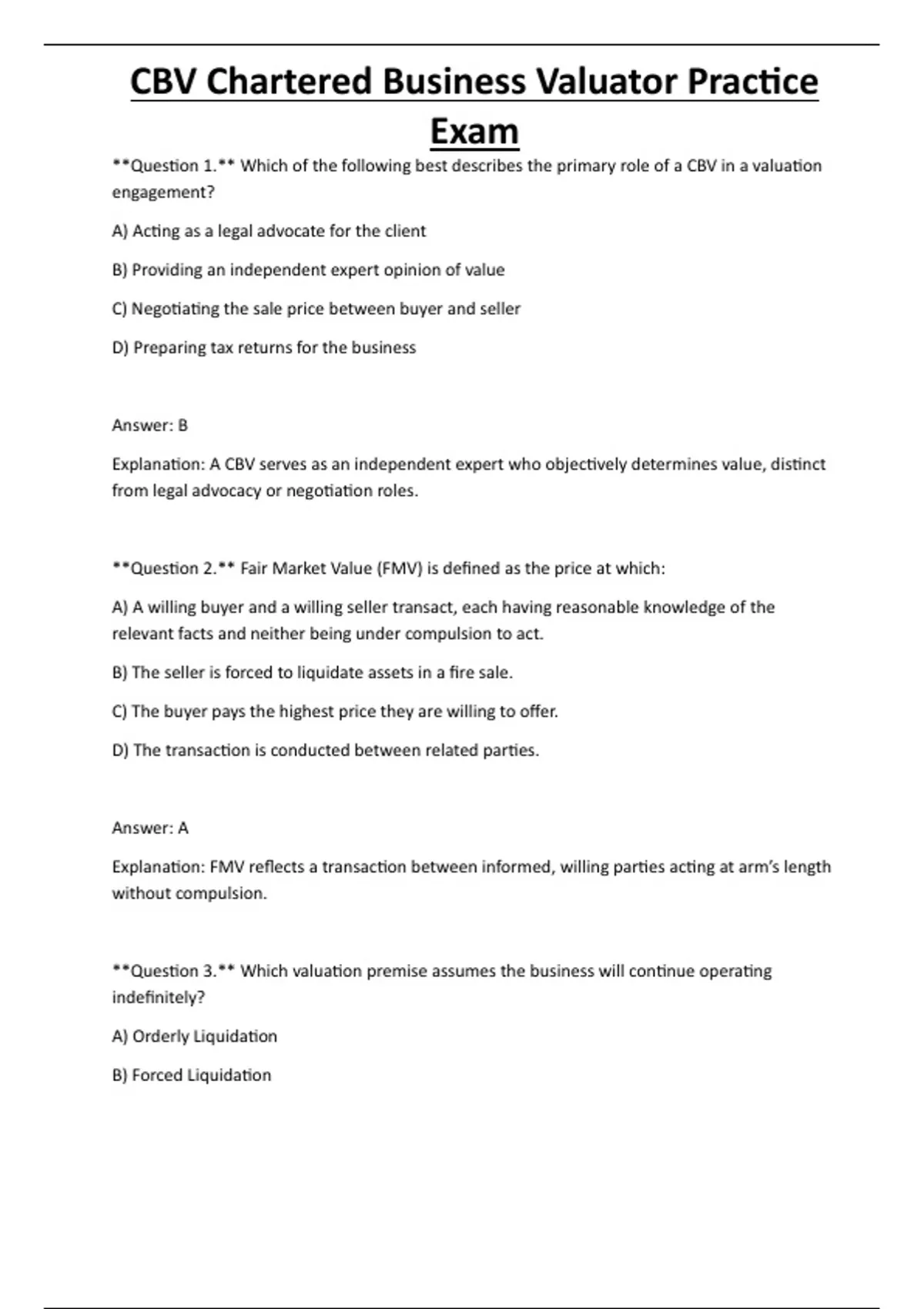 CBV Chartered Business Valuator Practice Exam - Computer - Stuvia US