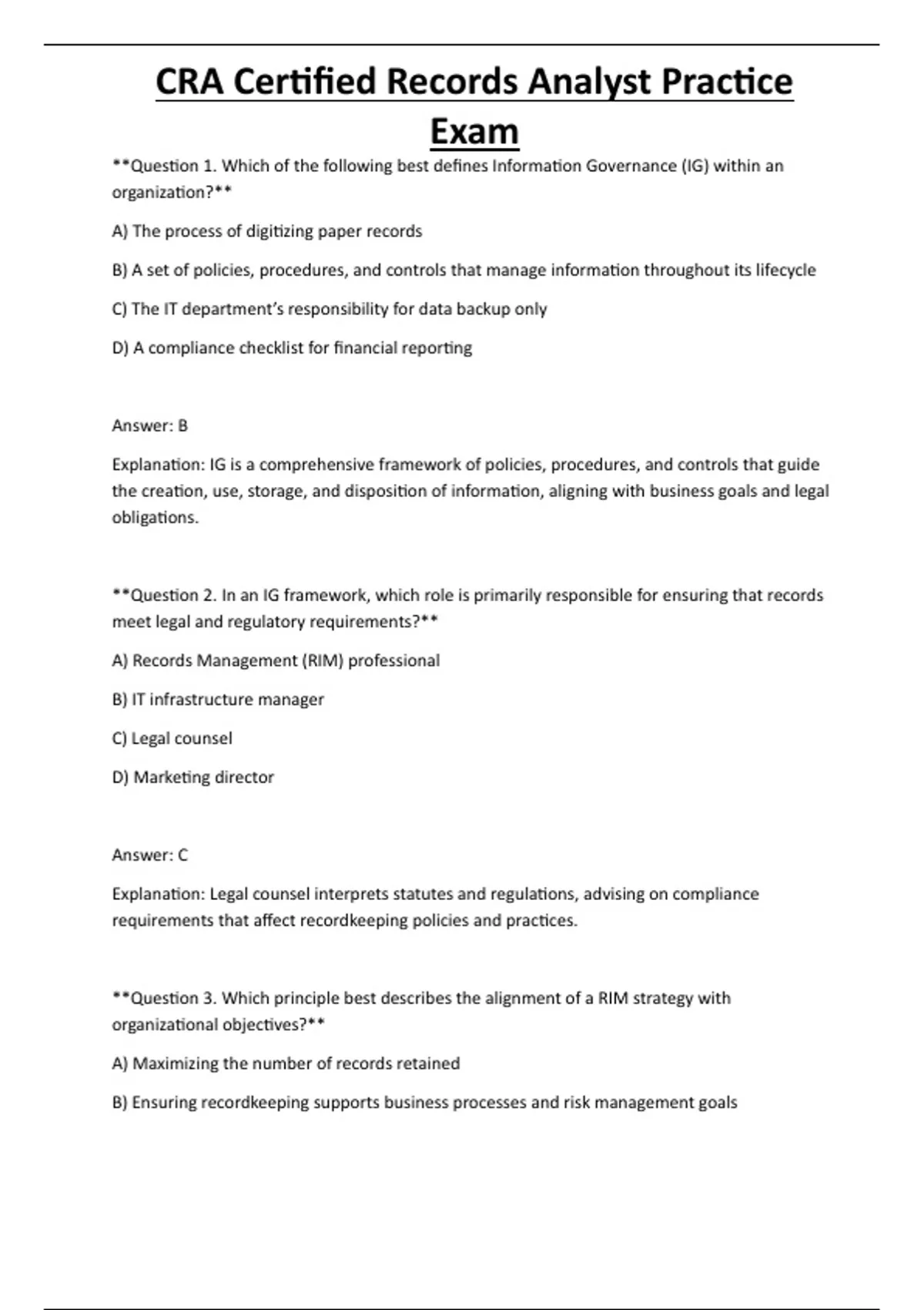 CRA Certified Records Analyst Practice Exam - Computer - Stuvia US
