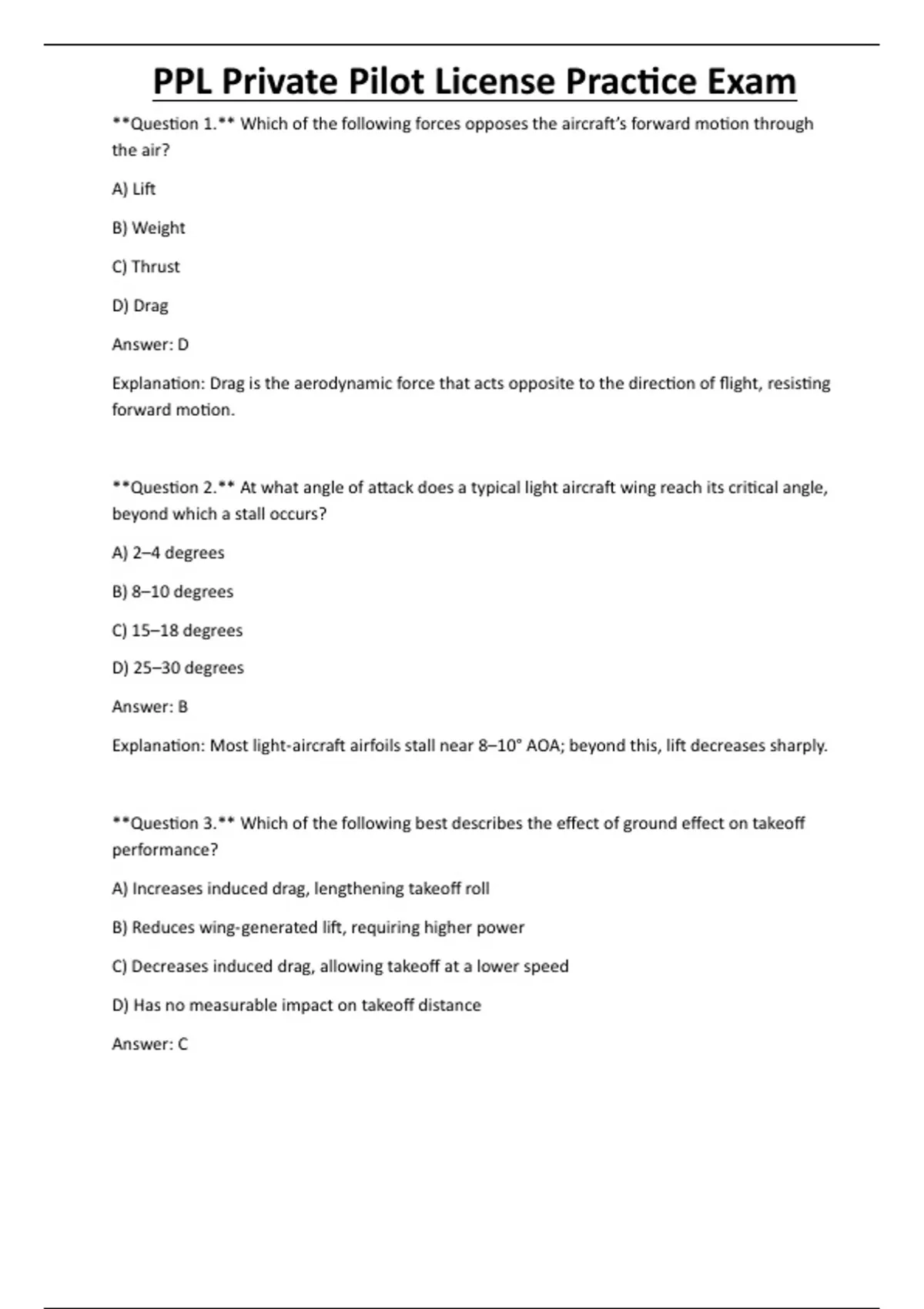 Knowledge Test Ppl Example PPL Private Pilot License Practice Exam - Computer - Stuvia US