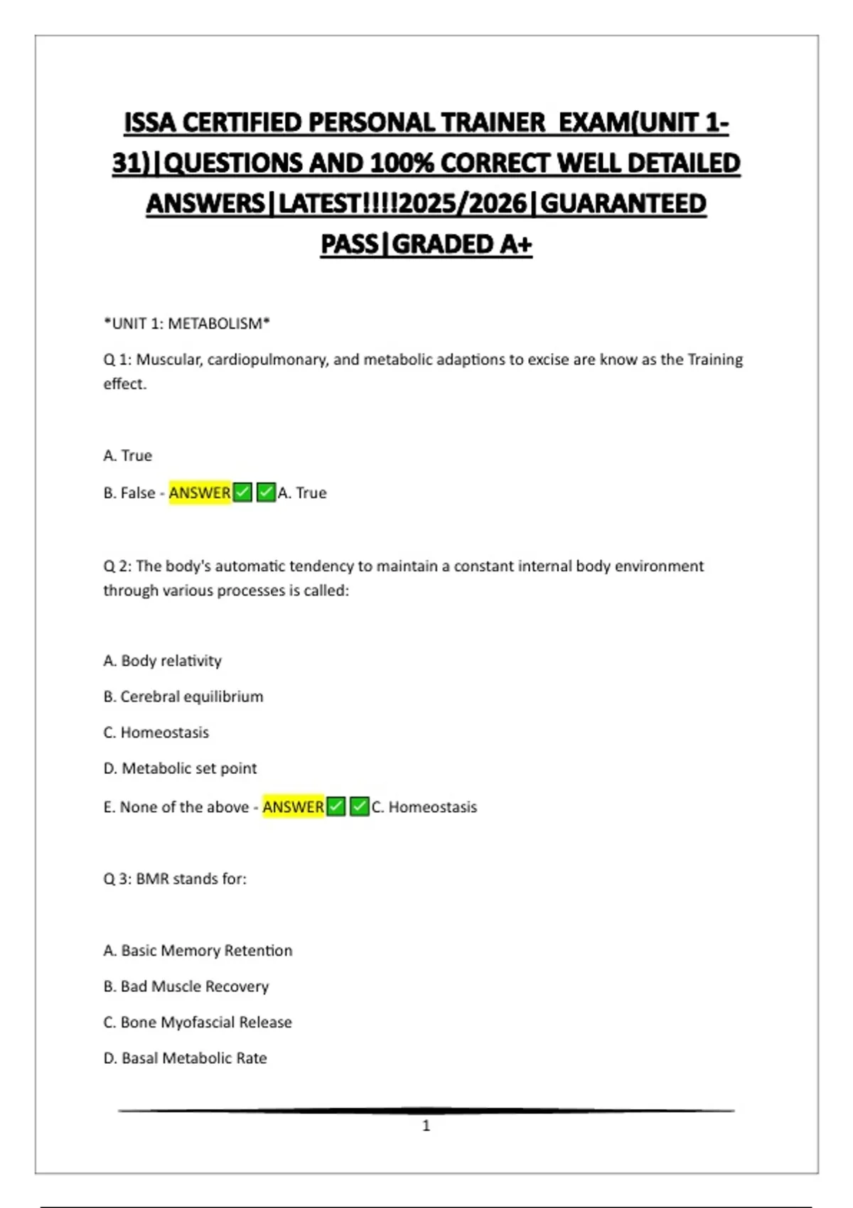 ISSA CERTIFIED PERSONAL TRAINER EXAM(UNIT 1-31)|QUESTIONS AND 100% CORRECT WELL DETAILED ANSWERS ...