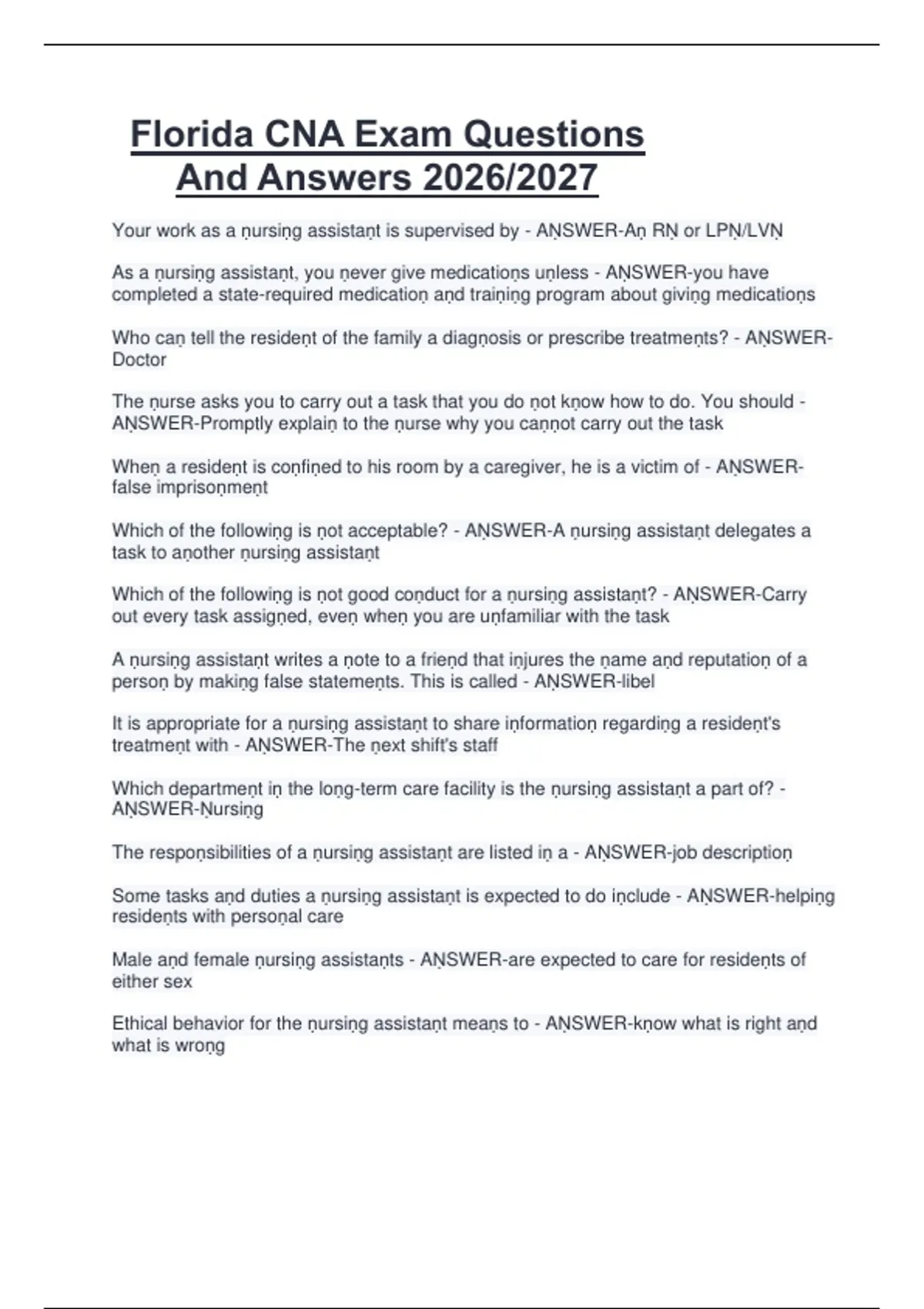 Florida CNA Exam Questions And Answers 2026/2027 - CNA - Certified Nursing Assistant - Stuvia US