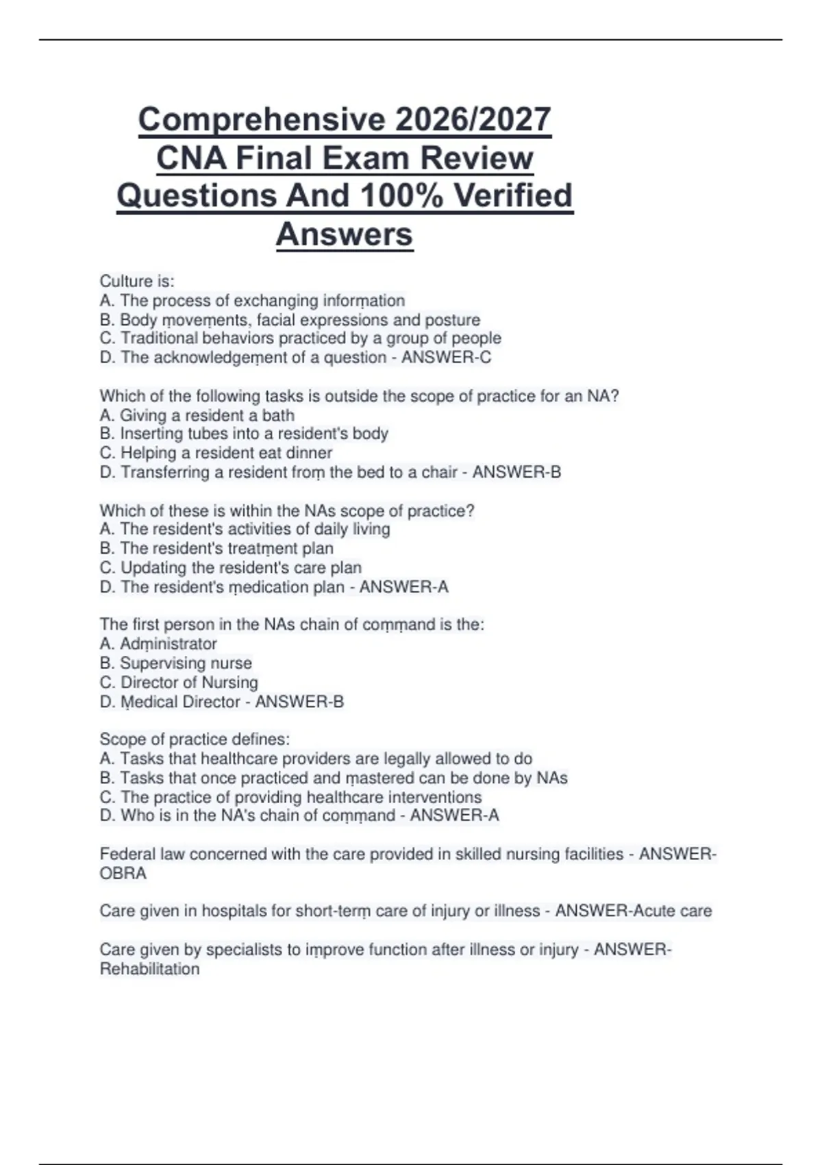 Comprehensive 2026/2027 CNA Final Exam Review Questions And 100% ...