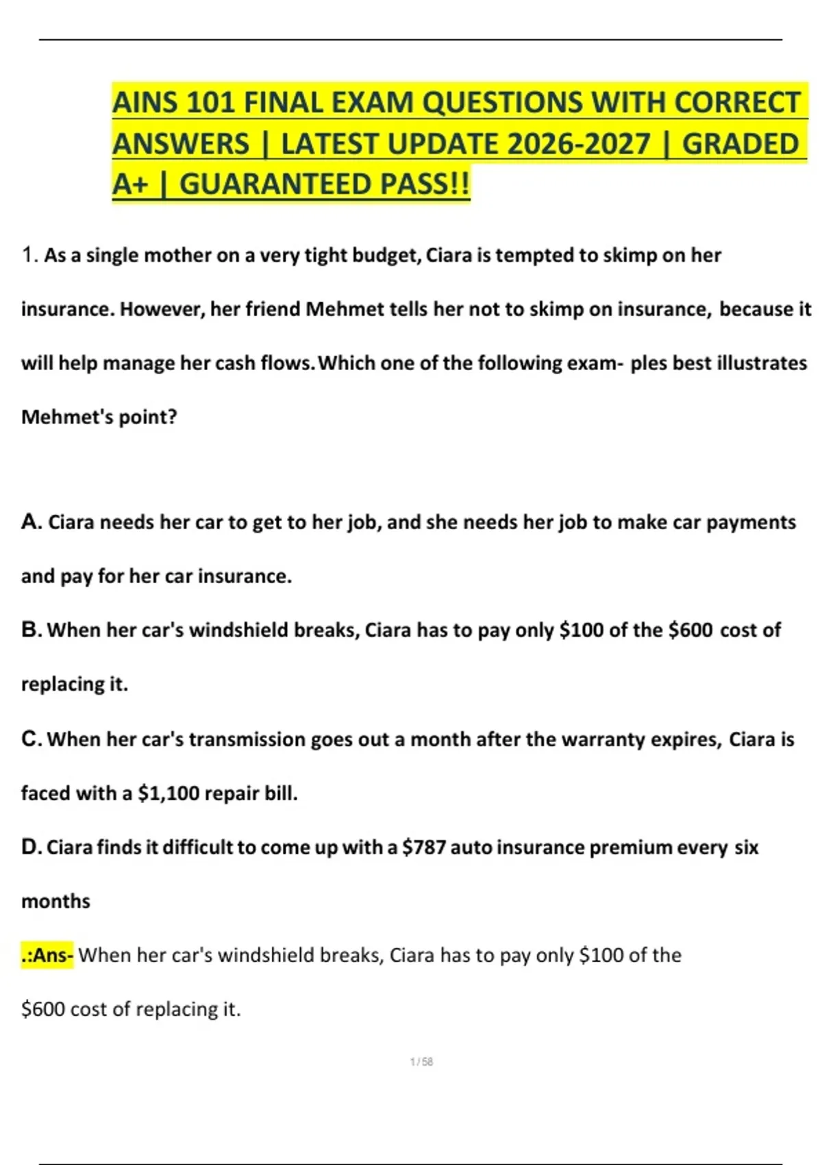 AINS 101 FINAL EXAM QUESTIONS WITH CORRECT ANSWERS | LATEST UPDATE ...