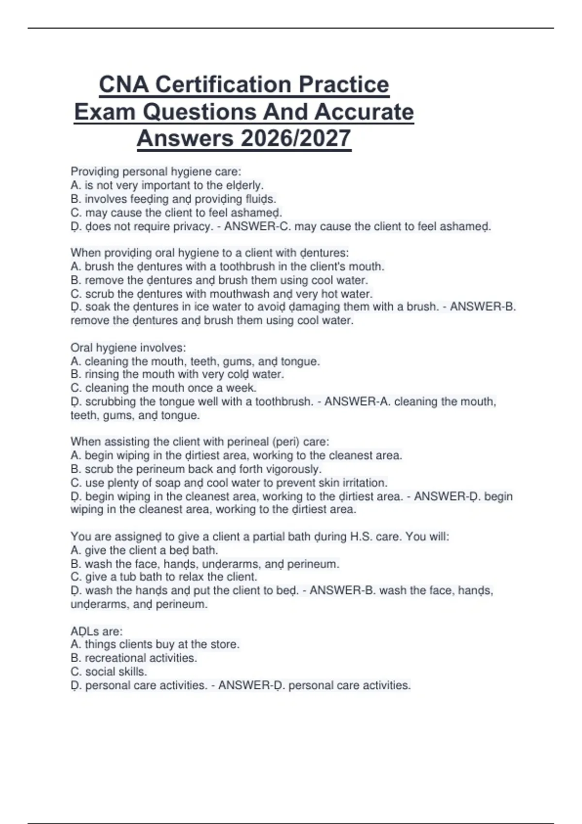 CNA Certification Practice Exam Questions And Accurate Answers 2026/ ...