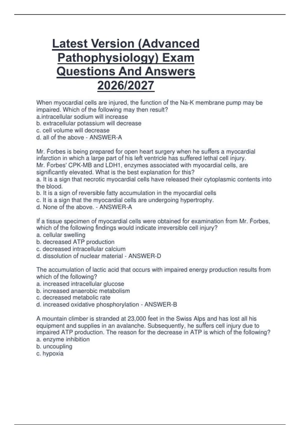 Latest Version (Advanced Pathophysiology) Exam Questions And Answers 2026/2027 - Advanced ...