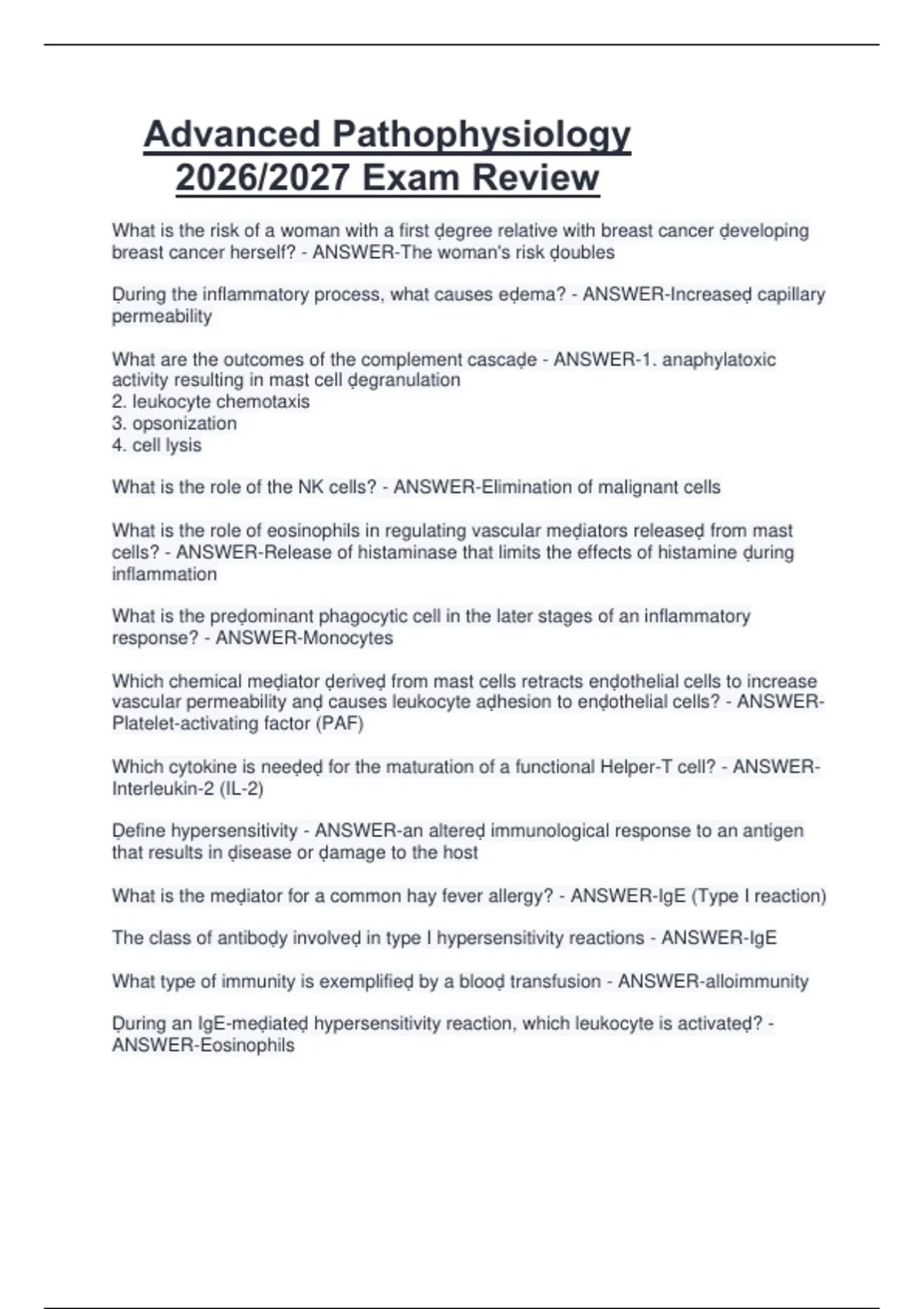 Advanced Pathophysiology 2026/2027 Exam Review - Advanced ...