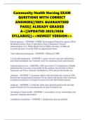 Community Health Nursing EXAM QUESTIONS WITH CORRECT ANSWERS&vert;&vert;100&percnt; GUARANTEED PASS&vert;&vert; ALREADY GRADED A&plus;&vert;&vert;UPDATED 2025&sol;2026 SYLLABUS&vert;&vert;<<NEWEST VERSION>
