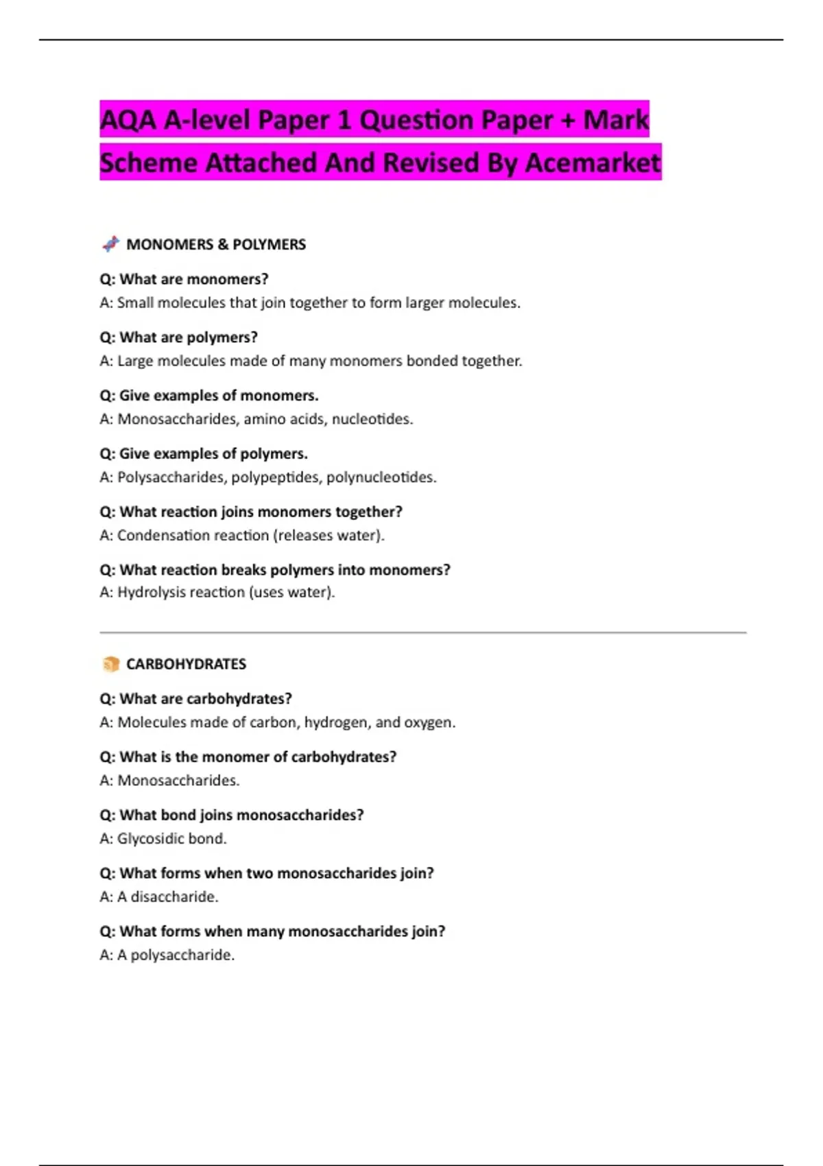 AQA A-level Paper 1 Question Paper + Mark Scheme Attached And Revised ...