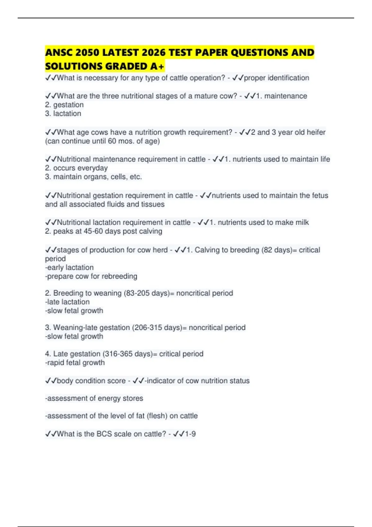 ANSC 2050 LATEST 2026 TEST PAPER QUESTIONS AND SOLUTIONS GRADED A+ ...