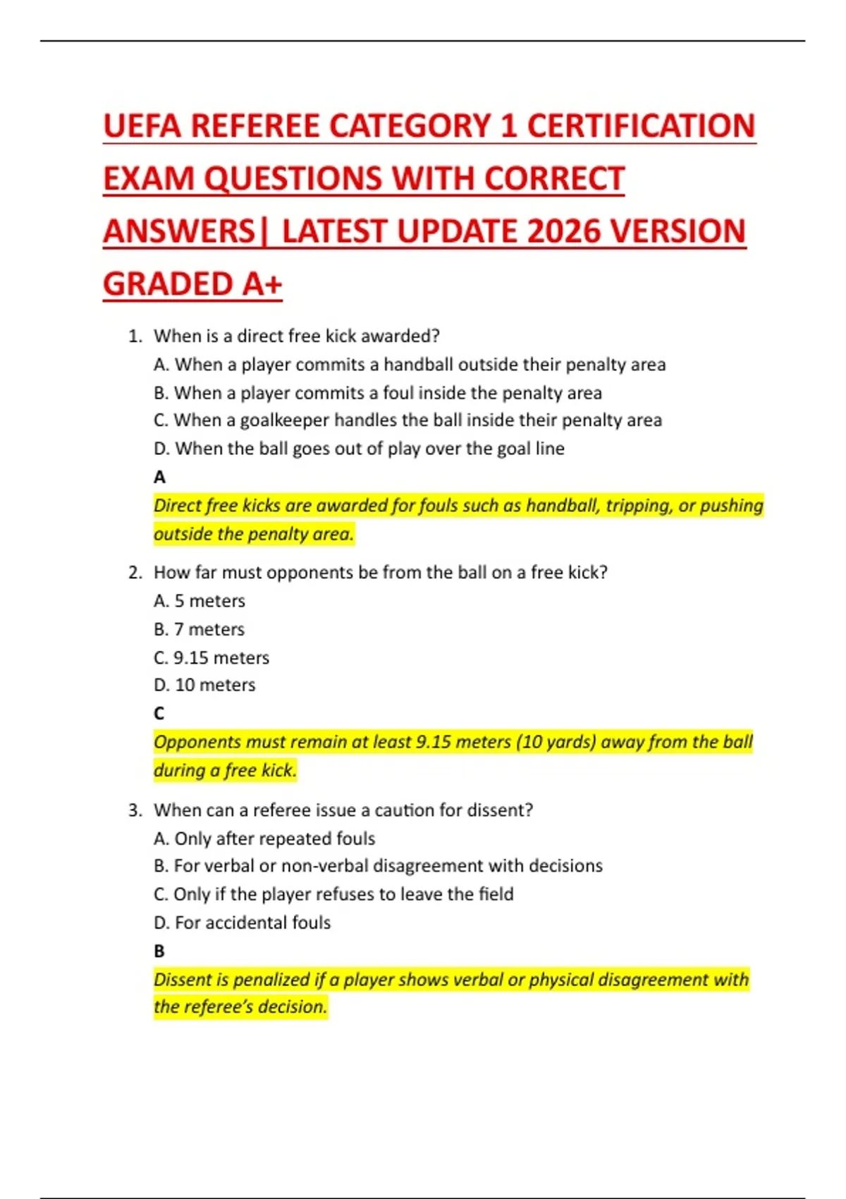 UEFA REFEREE CATEGORY 1 CERTIFICATION EXAM QUESTIONS WITH CORRECT ...