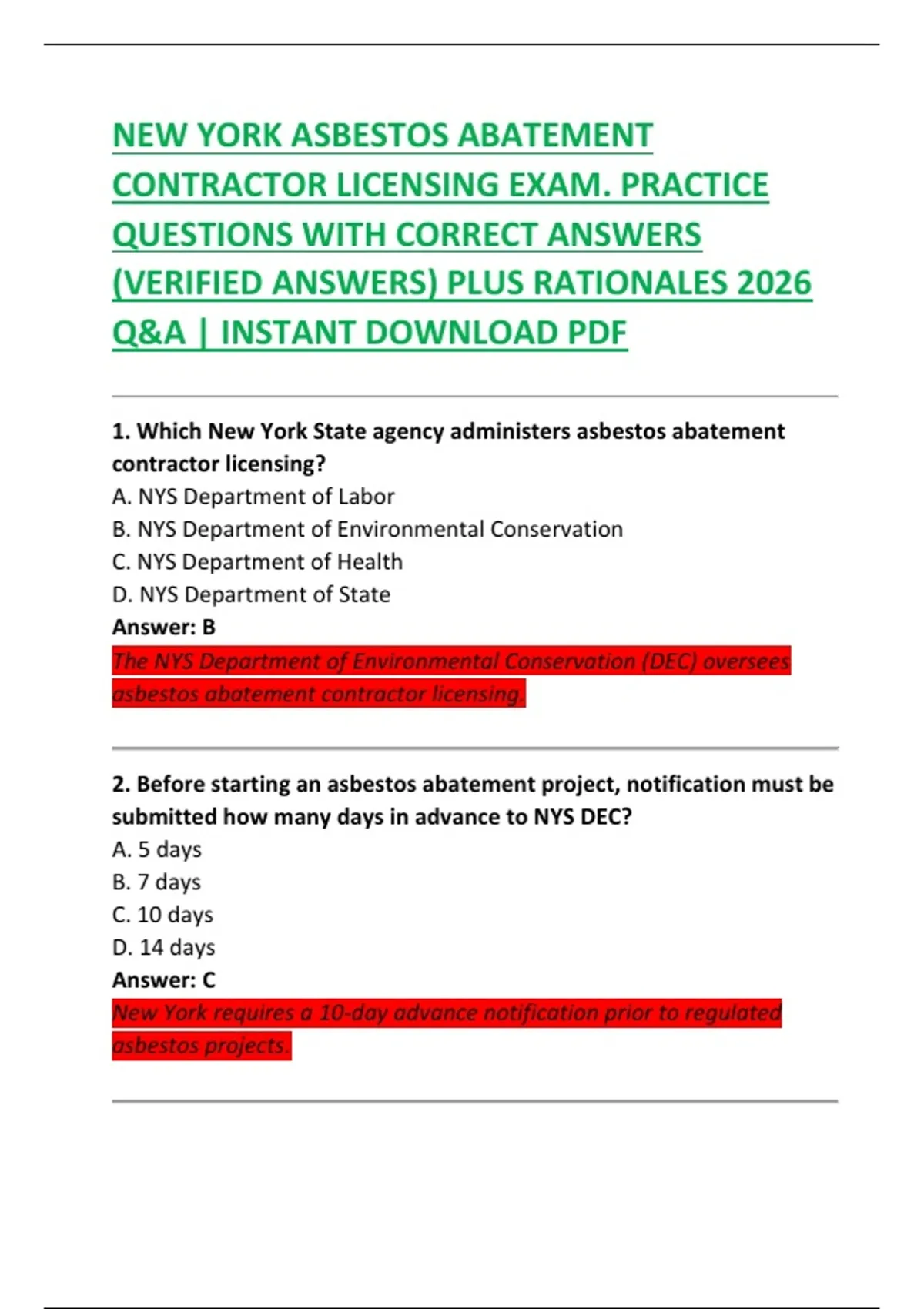 NEW YORK ASBESTOS ABATEMENT CONTRACTOR LICENSING EXAM. PRACTICE ...